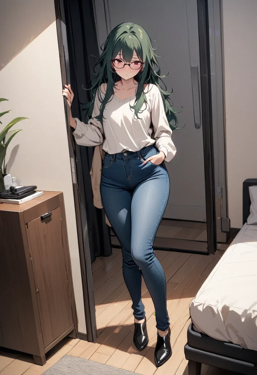 masterpiece, best quality, 1 female, solo, 35 year old female,full body,standing ,turn away,casual outfit, jeans,flat chest,Long Hair, Dark Green Hair,messy hair,glasses, red eyes,Shy , wide hips,tall,in room,