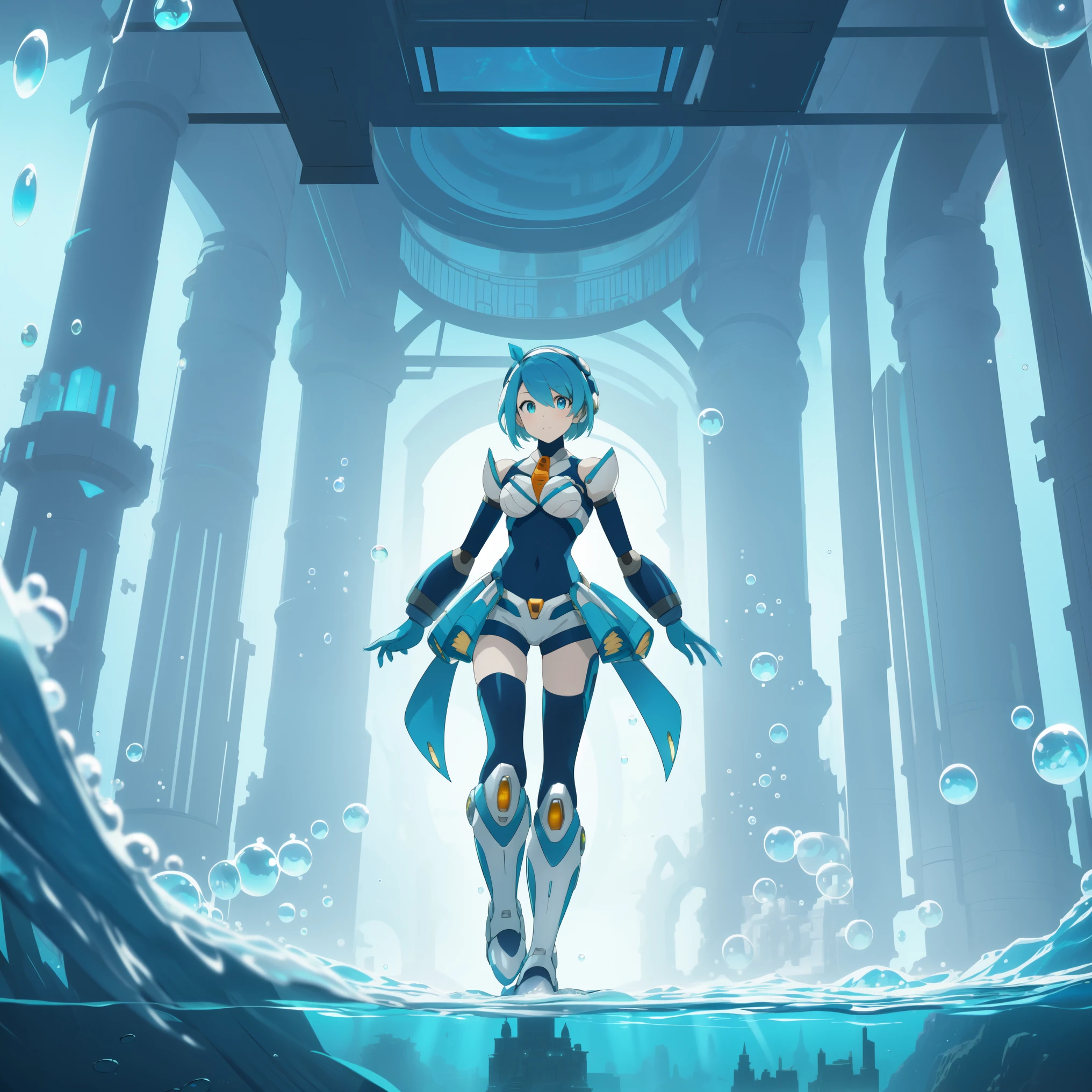 rico_megamanxdive, 1girl, solo, blue eyes, short hair, blue hair, android, high quality, masterpiece, standing in an underwater city with lots of bubbles, in the style of yuumei, intricate architectures, indigo, miniature illumination, daniel f. gerhartz