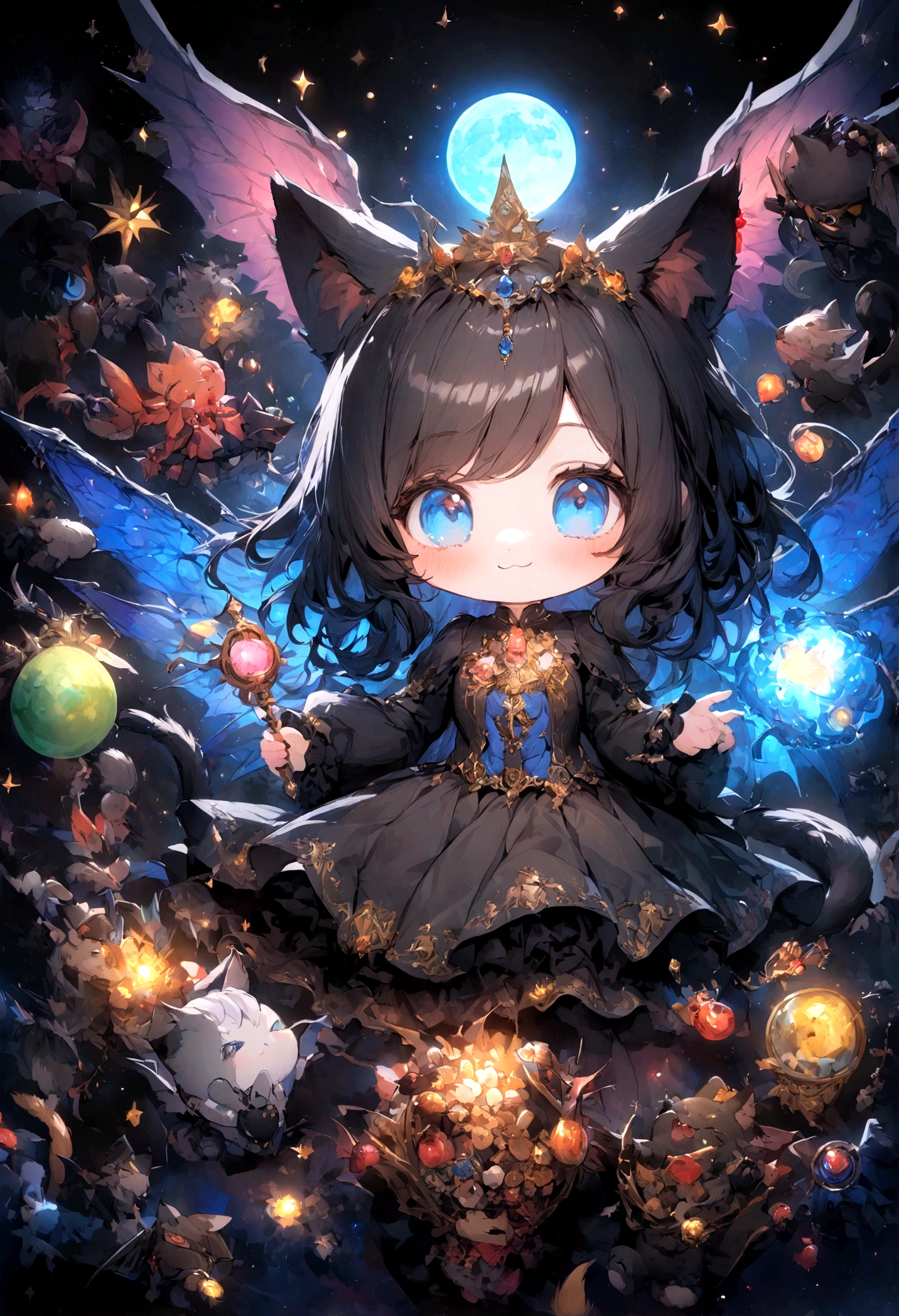 cute、、Young Girl、１２age、Flying、Your eyes are bright and beautiful、whole body、Black Hair、Black cat ears、a cunning smile、magic攻撃、cute洋服、Spoiled brat、Cat&#39;s Tail、Beautiful blue eyes、Black crown、Black and blue vampire wings、Glare、Rin々Funny face、beautiful、blue Moon、Lots of blue light、universe、Fantasy，Lots of light、gem、magic、AmbiLight，The colors are vivid and bright，Black background，haze，Detailed depiction，Rich details，Explosion of imagination，Surreal，Ultra-realistic，masterpiece，8k，Light，Tyndall effect