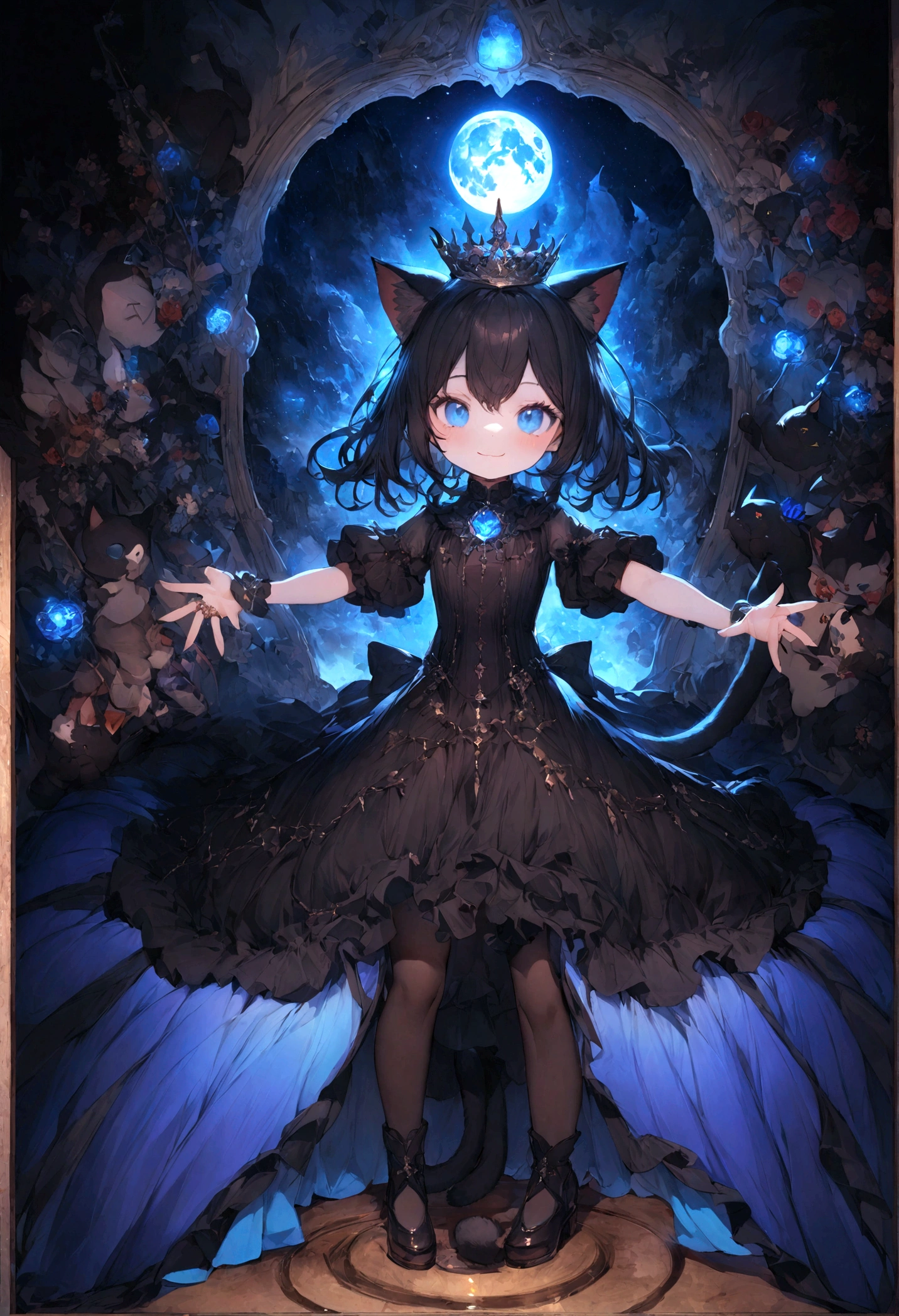 cute、、Young Girl、12age、Flying、Your eyes are bright and beautiful、whole body、Black Hair、Black cat ears、a cunning smile、magic攻撃、cute洋服、Spoiled brat、Cat's Tail、Beautiful blue eyes、Black crown、Black and blue vampire wings、Glare、Rin々Funny face、beautiful、blue Moon、Lots of blue light、universe、Fantasy,Lots of light、gem、magic、AmbiLight,The colors are vivid and bright,Black background,haze,Detailed depiction,Rich details,Explosion of imagination,Surreal,Ultra-realistic,masterpiece,8k,Light,Tyndall effect