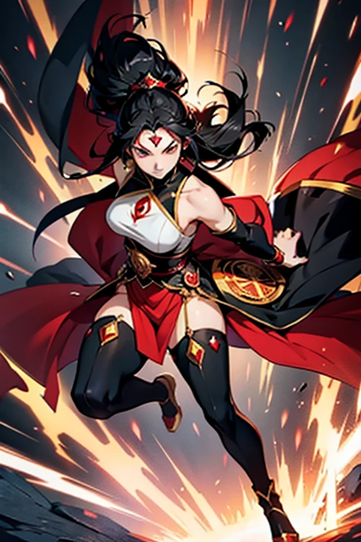 Anime girl empress with black hair and red diamond on forehead fighting to the death, full body shots, manga page with panels and dialogue