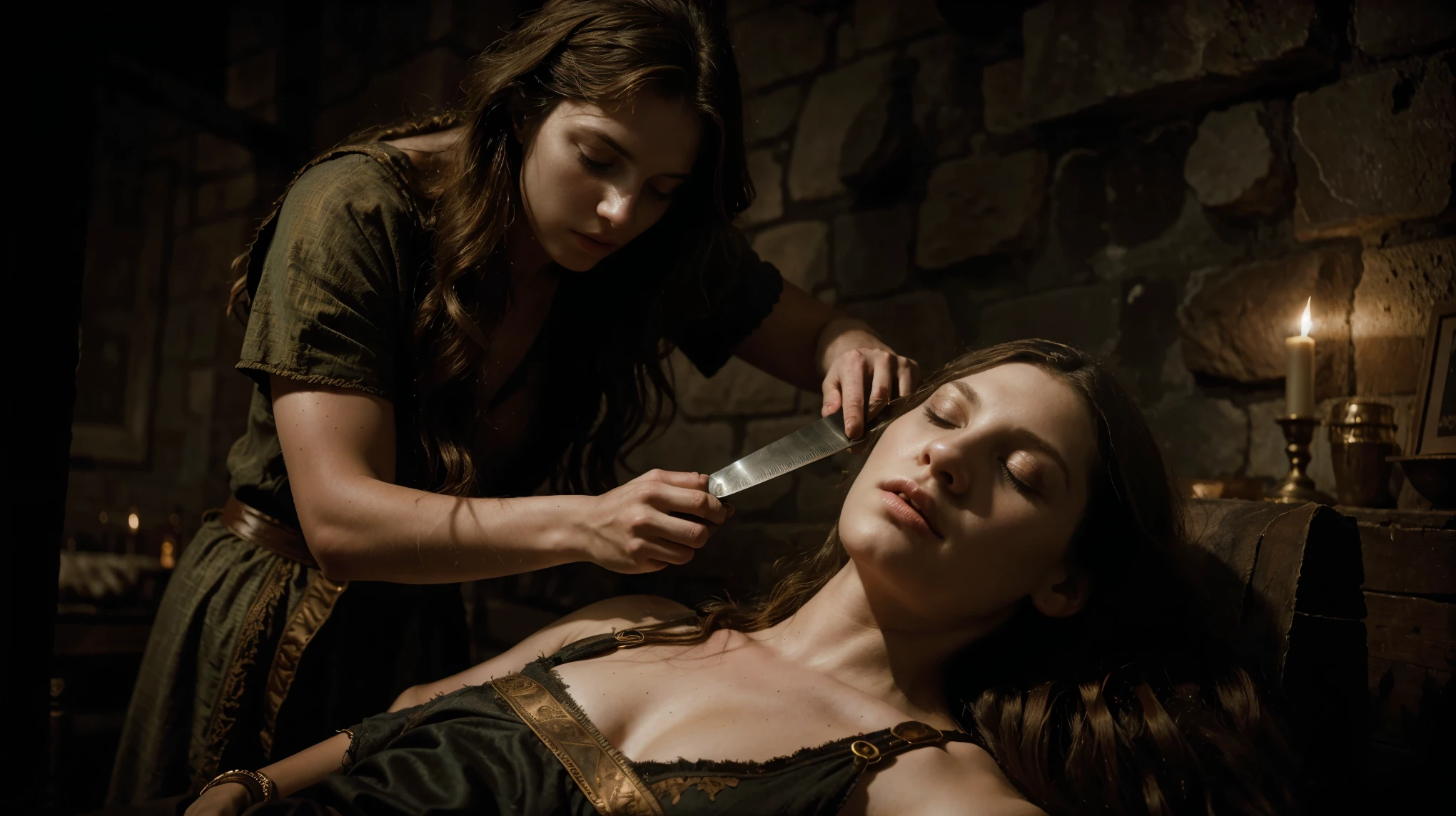 a sleeping ancient man with long hair, an ancient woman cutting his hair while he sleeps, detailed face and body, detailed hair and clothing, dramatic lighting, moody atmosphere, cinematic composition, chiaroscuro lighting, renaissance style, muted color palette, deep shadows, high contrast