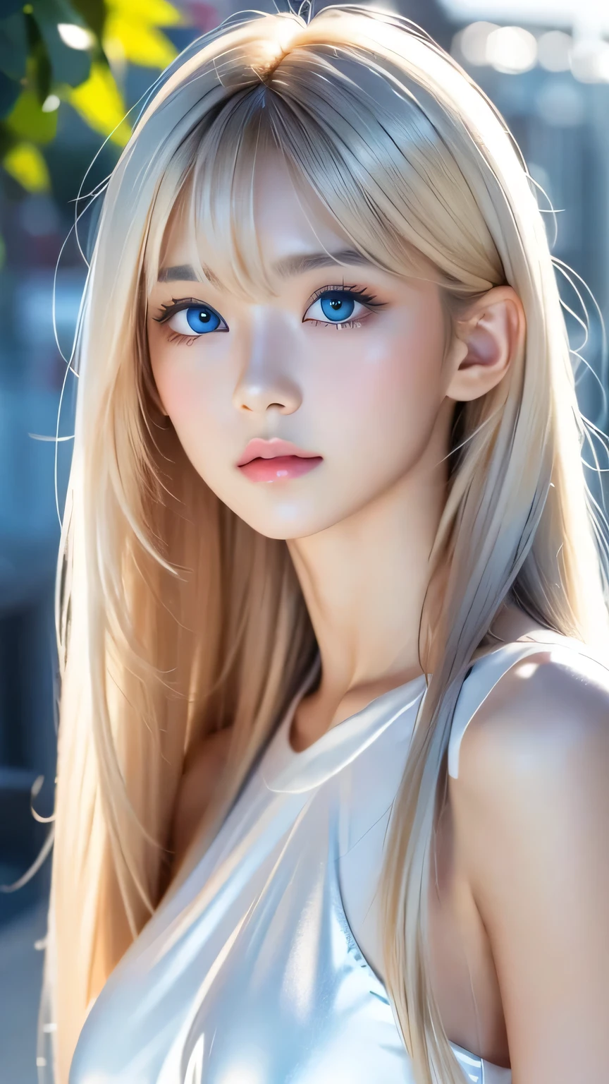 A perfectly beautiful face、Super long messy silky beautiful blonde、Beautiful cute girl 15 years old、Sexy and very beautiful cute face、Beautiful cute sexy bright pale sky blue big eyes、Long beautiful bangs、Very super long beautiful blonde shiny silky hair、Very white skin、Cheek gloss、Glossy Skin、eyeliner、A peerless beauty、Hair above the eyes、片Hair above the eyes、Hair between the eyes、