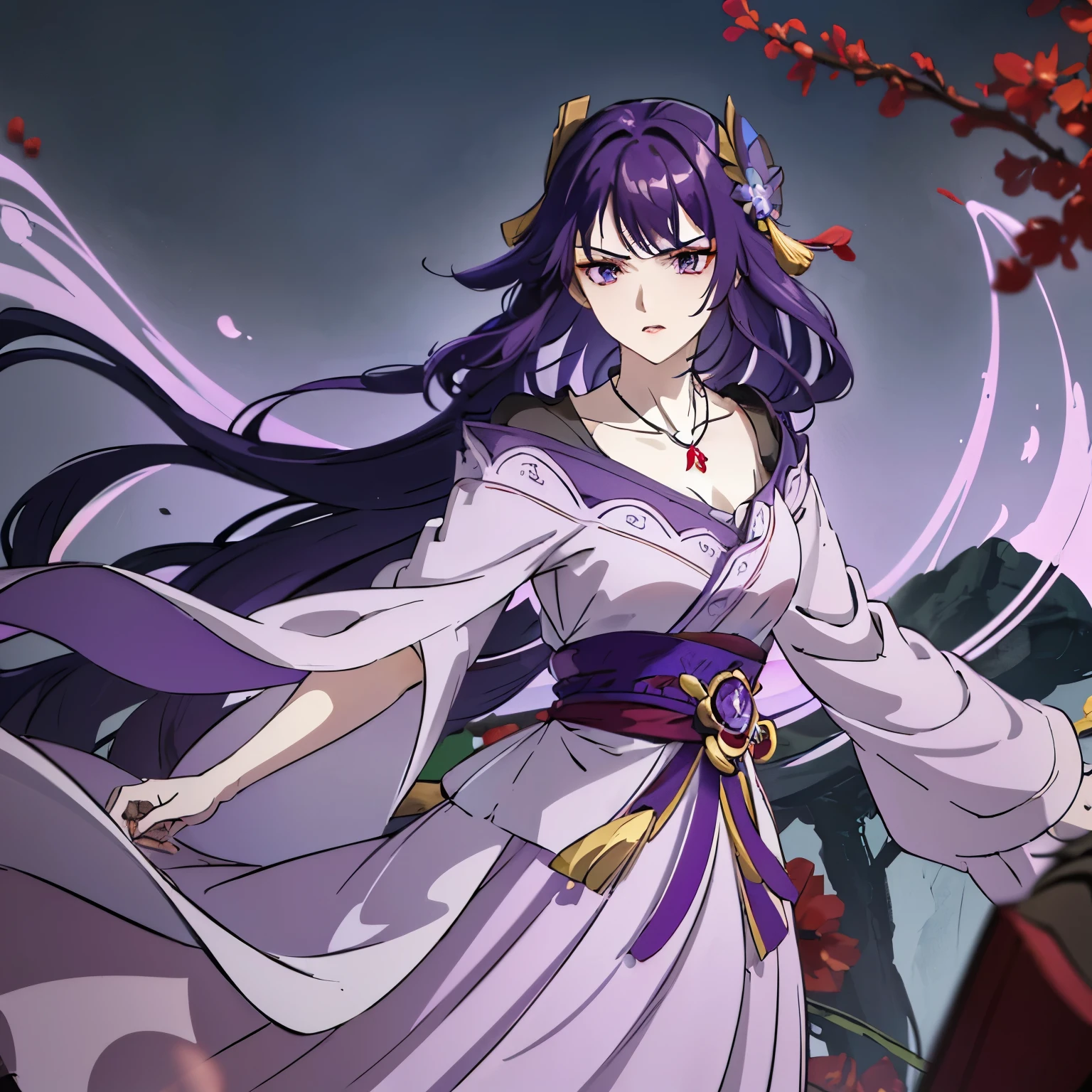 Best quality at best, Ultra-high resolution, (((1 girl))), (Long purple hair), (violet eyes), (Chinese clothes), (((Red Flowers necklace around her neck))), (Ultra Long Skirt), angry, Hanfu, Yarn, Flowing light yarn, jewelry, (focal), (((Colorful))), particle fx , tmasterpiece, Best quality at best, beautiful painted, meticuloso, highly detailed, (tmasterpiece, Best quality at best） CG unified 8K wallpaper, ( holds her sword in her hand ) ,tmasterpiece，Best quality，ultra - detailed, Super HD picture quality