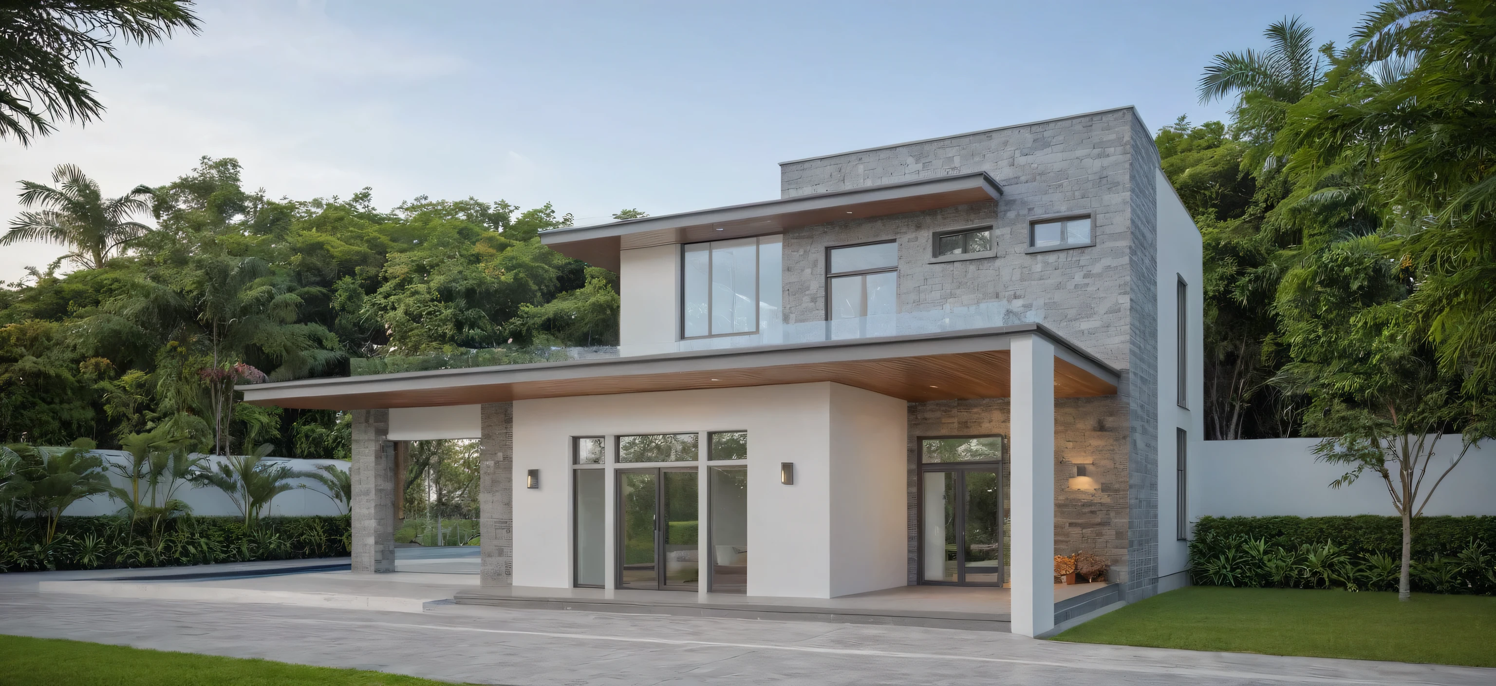 RAW photo,Masterpiece, high quality, best quality, authentic, super detail,
exterior, outdoors, house style modern with (white wall:1.1) , wall ceiling, balcony, railing glass, windows, indoor furniture, stone wall,
stair, grass, small waterfall in to pool,tropical garden, trees, beautiful summer sky, beautiful landscape with grass and flower bushes, plants, trees
(Modern minimalist lines:1.1)
(day:1.1),  vray, 8k, uhd, vivid colour
