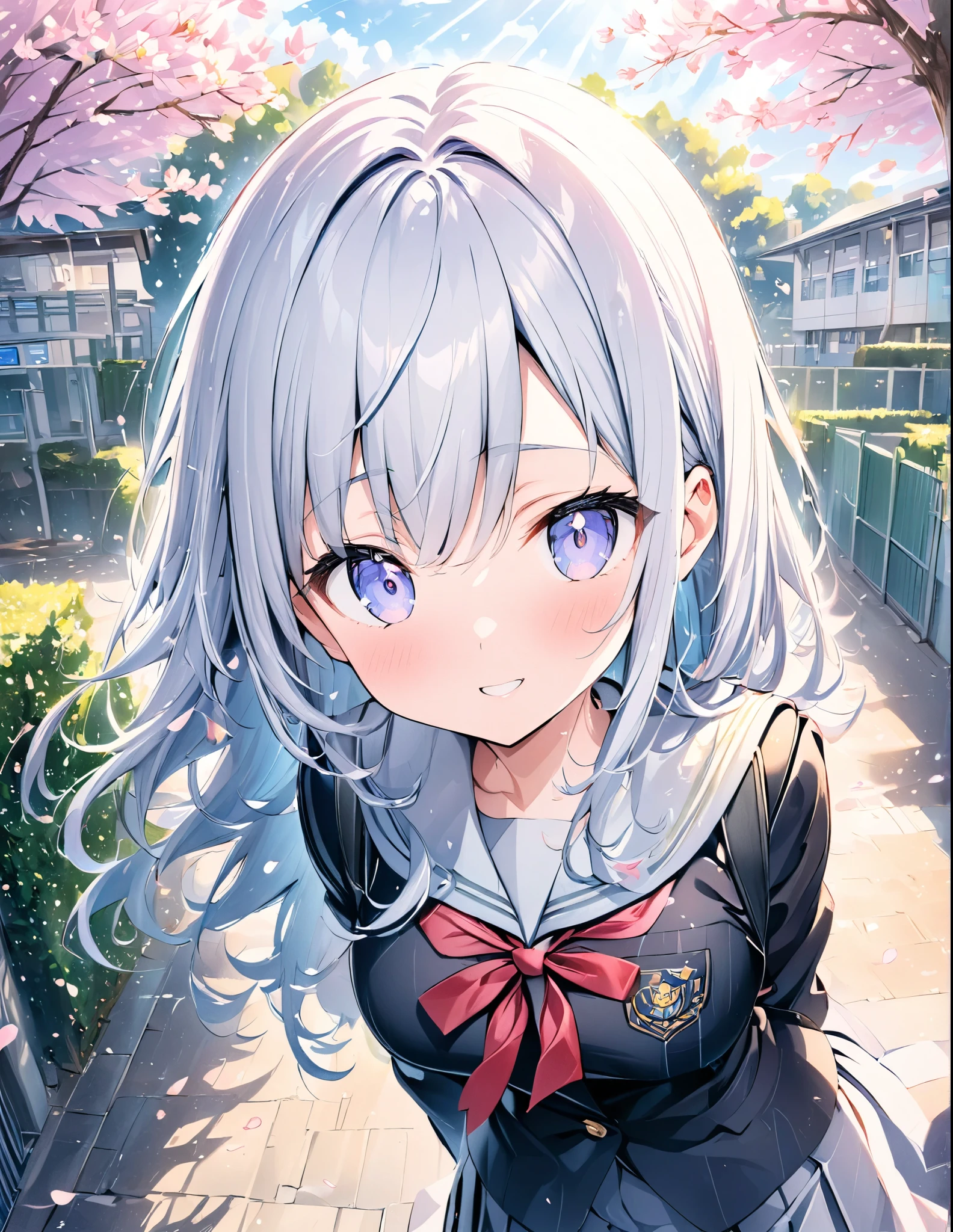 ((style:Colored pencil,pale colour))、(anime)、(masterpiece:1.2),atmospheric perspective,lens flare、Graduation Ceremony、School gate with cherry blossoms in full bloom、Graduating female student、View of the school building、Sunlight filtering through the trees、cute、Close-up
