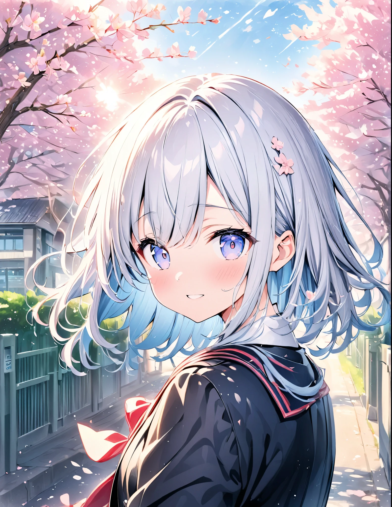 ((style:Colored pencil,pale colour))、(anime)、(masterpiece:1.2),atmospheric perspective,lens flare、Graduation Ceremony、School gate with cherry blossoms in full bloom、Graduating female student、View of the school building、Sunlight filtering through the trees、cute、Close-up