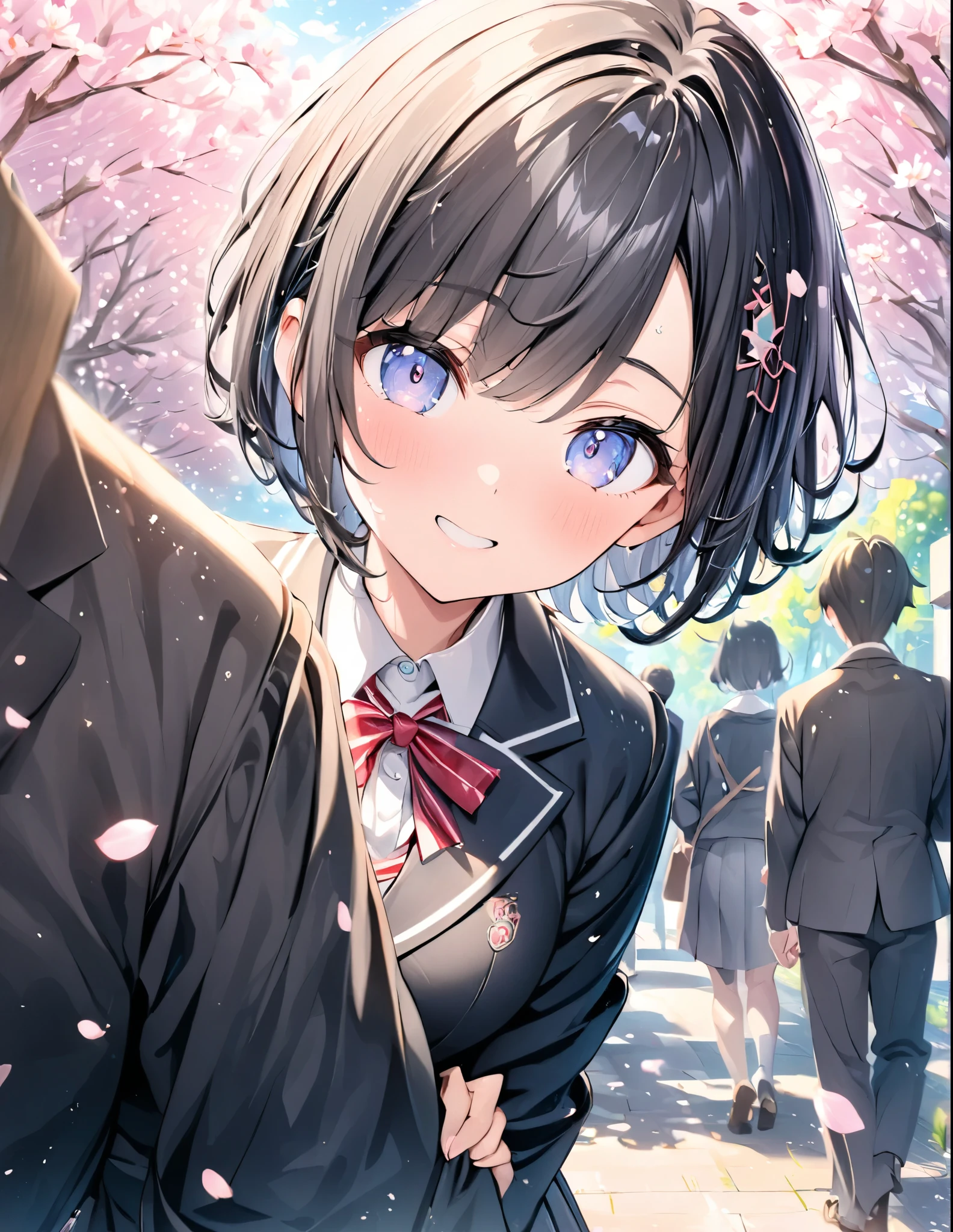 ((style:Colored pencil,pale colour))、(anime)、(masterpiece:1.2),atmospheric perspective,lens flare、Graduation Ceremony、School gate with cherry blossoms in full bloom、Graduating female student、Sunlight filtering through the trees、cute、Close-up、Black Hair、short hair、Hanekke