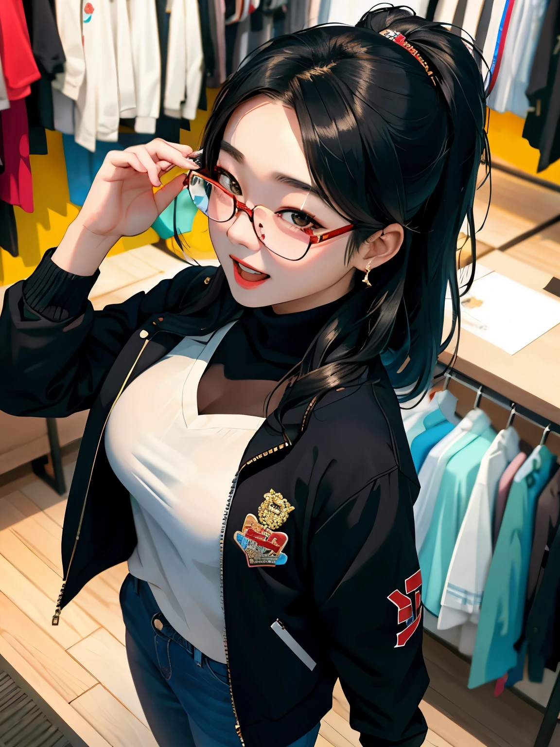 Korean gangster girl, (18 years old), in the clothing store, glasses, excited expression, (from above view), (masterpiece, best quality, extremely detailed, hyper realistic)