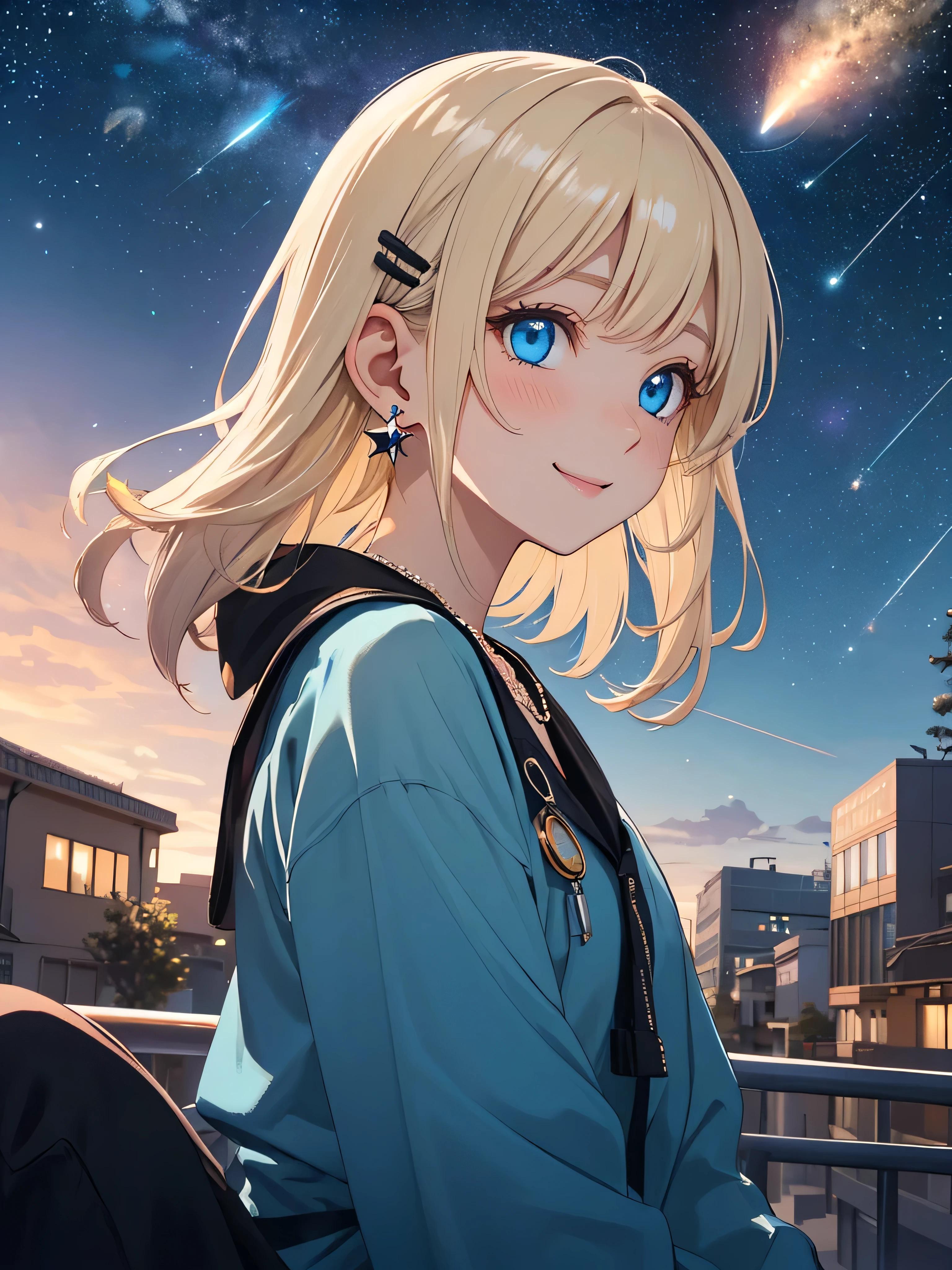 absurderes, ultra-detailliert,extremely beautiful detailed anime face and eyes,octane, skyporn, Star (skyporn), (Starry sky:1.2),(Meteor swarm:1.3) Night, 1girll, nigh sky, Solo, Outdoors, building, cloud, Milky way, Sitting, tree, city, silhuette, Cityscape, (look up sky:1.3),(From Side:1.3),8K, Beautiful night sky, Ray tracing,Short hair, ,asymmetrical bangs, Blonde hair with short twin tails, Shiny hair, Delicate beautiful face, Happy smiling face、red blush、(Deep Blue Eyes:1.4)White skin, hair clips, earrings, a necklace, <lora:flat2:-0.3> <lora:hairdetailer:0.3>