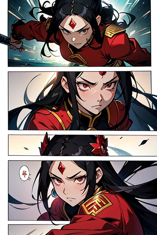 Anime girl empress with black hair and red diamond on forehead fighting to the death, intense fighting scene, manga page with panels and dialogue