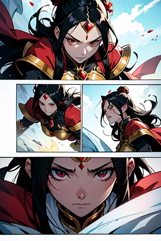 Anime girl empress with black hair and red diamond on forehead fighting to the death, intense fighting scene, manga page with panels and dialogue 