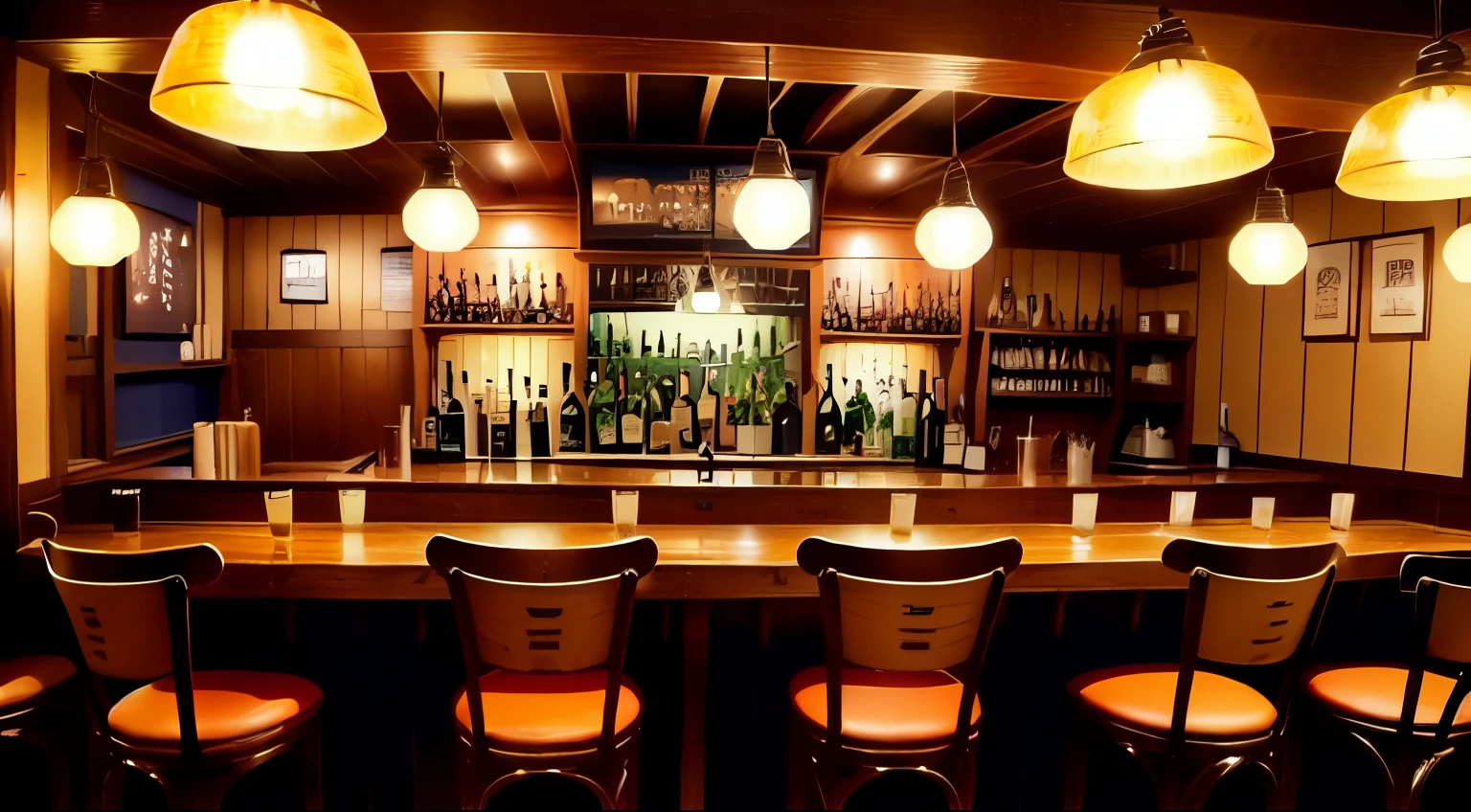Irish bar with counter and chairs, Traditional bar interior, 心地よいCozy atmosphere,, Cozy atmosphere, Cafe, Warm and fun atmosphere, Wide Full Shot, Nostalgic atmosphere, Warm lighting inside, Cozy atmosphere, A multifaceted cozy izakaya, A luxurious study with warm lighting, Bright lighting style atmosphere, A cozy dimly lit pub