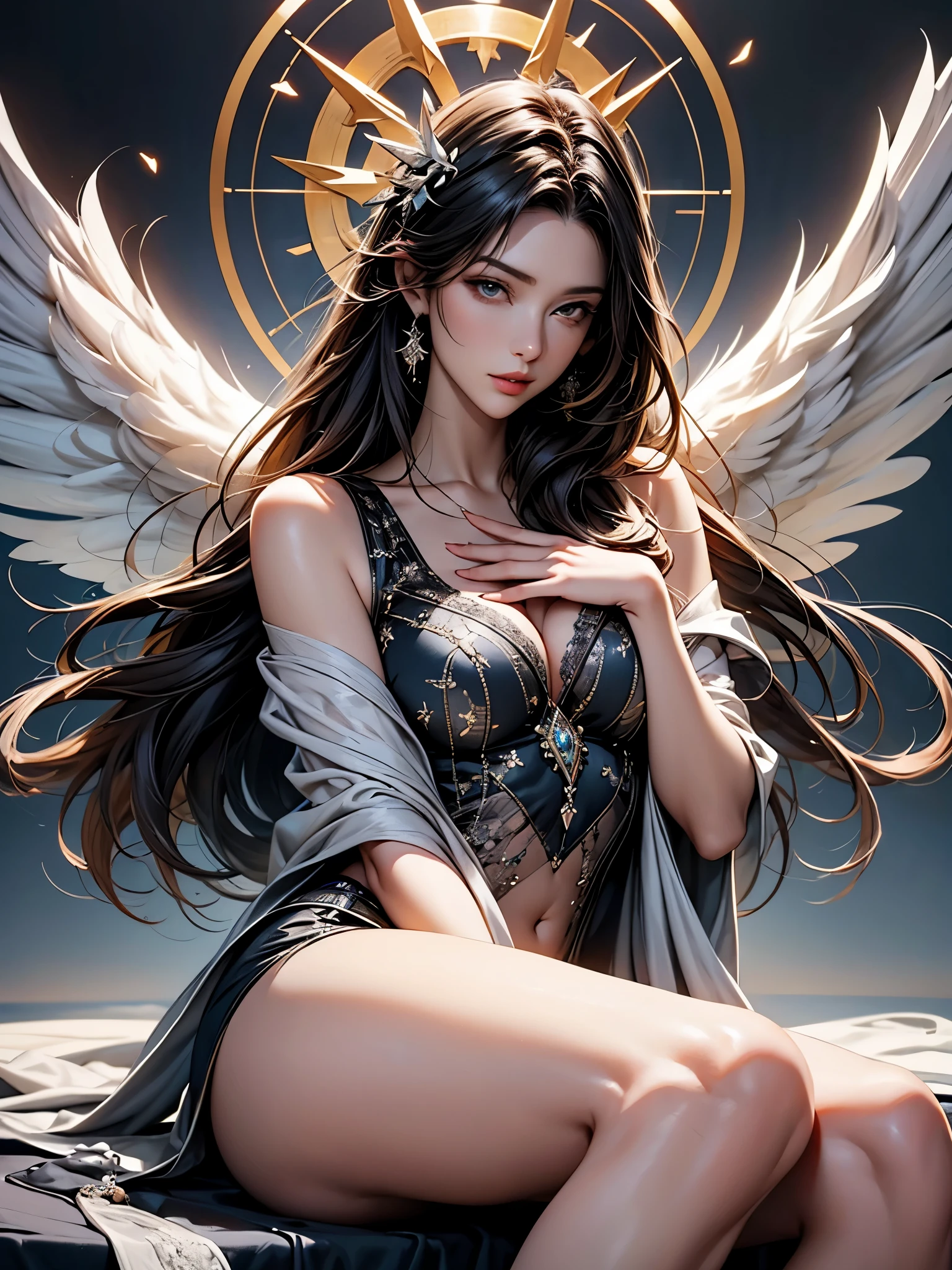 a goddess of the magic, y and beautiful, (have four hands), A pair of black and white feather wings behind the back, upright star totem float behind the back, magic circle on feets, halo, super textured skin, super detail face, perfect face, Super fine facial details, beautiful and delicate eyes, perfect eyes, correct limbs, correct figner, super detail figner, best hair quality, best clothing quality, best prop quality, best halo detail and quality, best magic circle detail and quality, complex halo detail, anatomically correct
