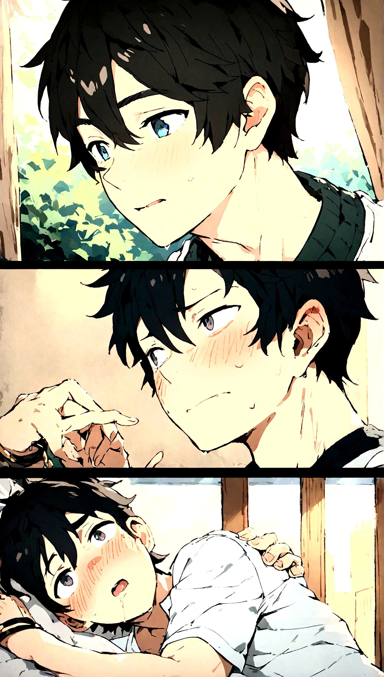 boys,,,,,,boys,,,,,,male protagonist,,,,,,Bright Eye Changes,blush,,Black Hair,Refreshing guy,,bright personality,,,Male Focus,,Men's Focus,,A rich expression,,,,bracelet,Athletic Department Boys' Dormitory,,Junior and senior high school,,Casual clothes,,Intentionally created male love,,Brainwashing in the boys' dormitory turned them homosexual.,,,,,,creation,high resolution,4k,8k,quasi-masterpiece,highest quality,Anime Style,,Makoto Shinkai Style,,Cel animation art,,,,,Saliva,
