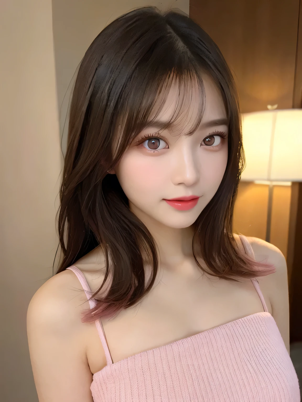 A lovely and sweet Chinese woman, Delicate and sexy collarbone, Attractive goose face, double eyelid, Clever pink eyes, Pink Lips, small, upturned nose, Exposing shoulders, Concentrated face, Face close-up, Ultra HD, Super detailed, Full body photo, Ultra-thin, optimal light transmission ratio, 4 fingers and 1 thumb, JK Mini Skirt