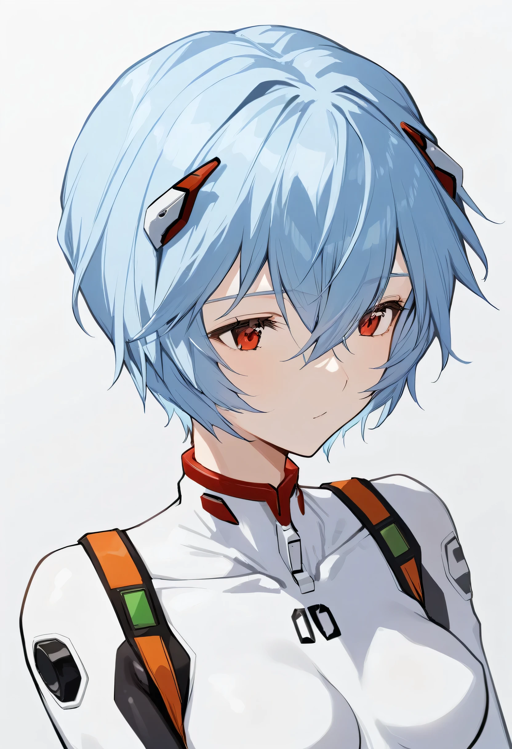 One girl, ayanami rei, alone, Red eyes, Plug Suit, short hair, Blue Hair, chest, Bodysuits, Upper Body, White Background, white Bodysuits, Simple Background, Interface Headset, bangs, Mouth closed, Hair between the eyes, medium chest, medium quality, slow,