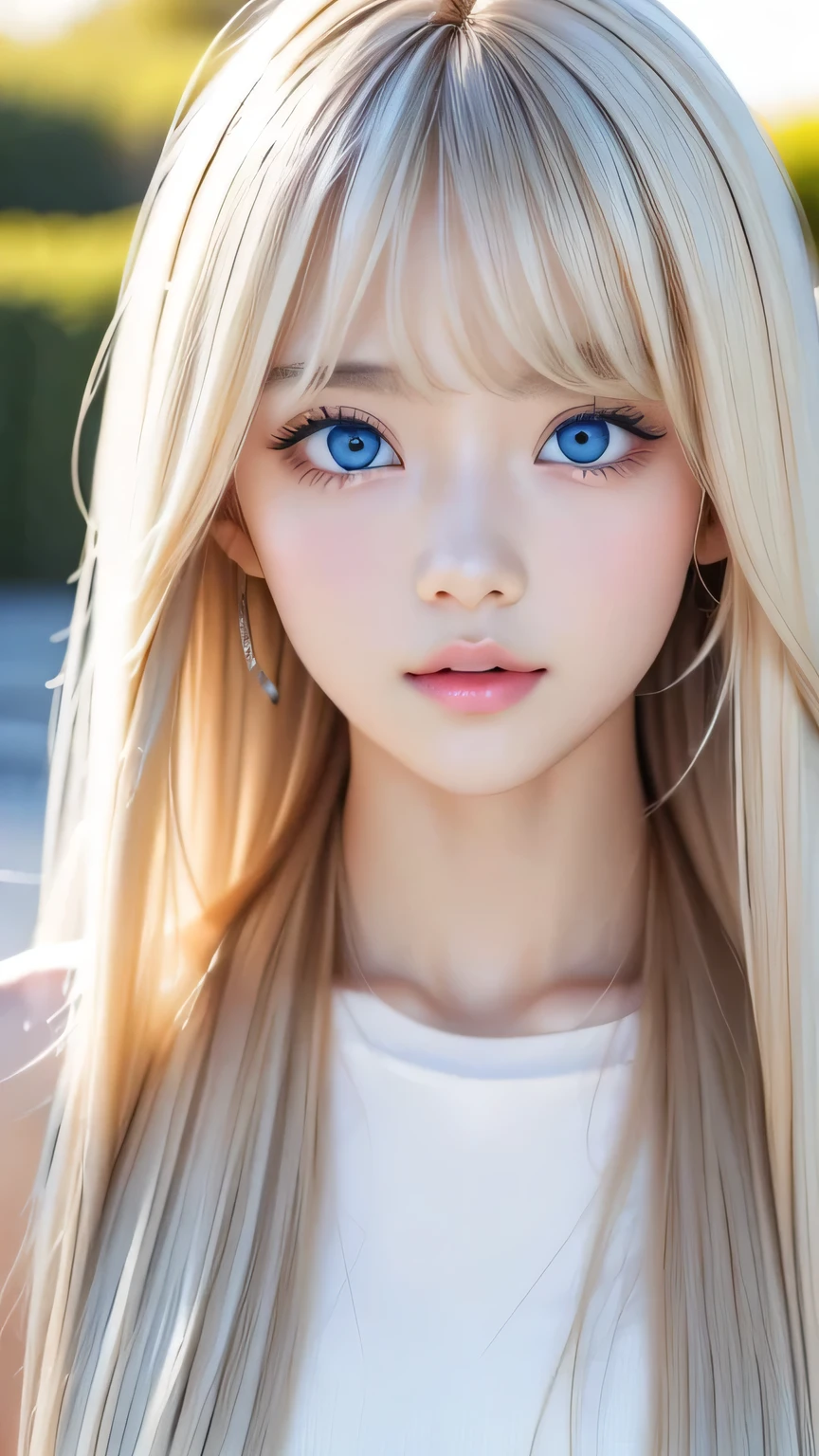 A perfectly beautiful face、Super long messy silky beautiful blonde、Beautiful cute girl 15 years old、Sexy and very beautiful cute face、Beautiful cute sexy bright pale sky blue big eyes、Long beautiful bangs、Very super long beautiful blonde shiny silky hair、Very white skin、Cheek gloss、Glossy Skin、eyeliner、A peerless beauty、Hair above the eyes、片Hair above the eyes、Hair between the eyes、
