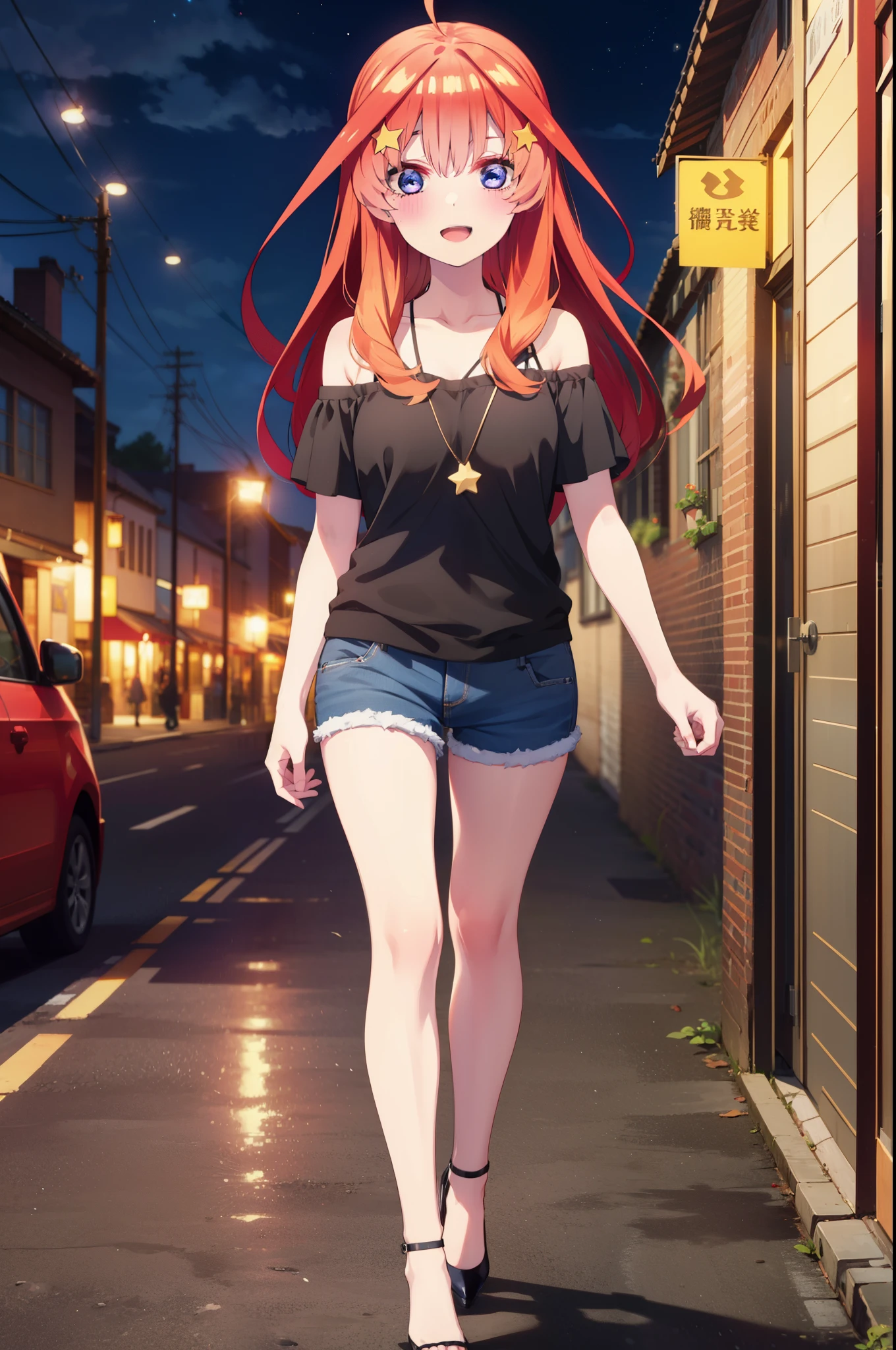 itsukinakano, Itsuki Nakano, bangs, blue eyes, Hair between the eyes, Ahoge, Redhead, star \(symbol\), hair ornaments, star hair ornaments,smile,blush,Open your mouth,,Cold shoulder tops,Skinny jeans,Short sleeve,Stiletto heels,night,Walking,moon,whole bodyがイラストに入るように,Looking down from above,
break outdoors, In town,Building district,
break looking at viewer, whole body,
break (masterpiece:1.2), highest quality, High resolution, unity 8k wallpaper, (figure:0.8), (Beautiful fine details:1.6), Highly detailed face, Perfect lighting, Highly detailed CG, (Perfect hands, Perfect Anatomy),
