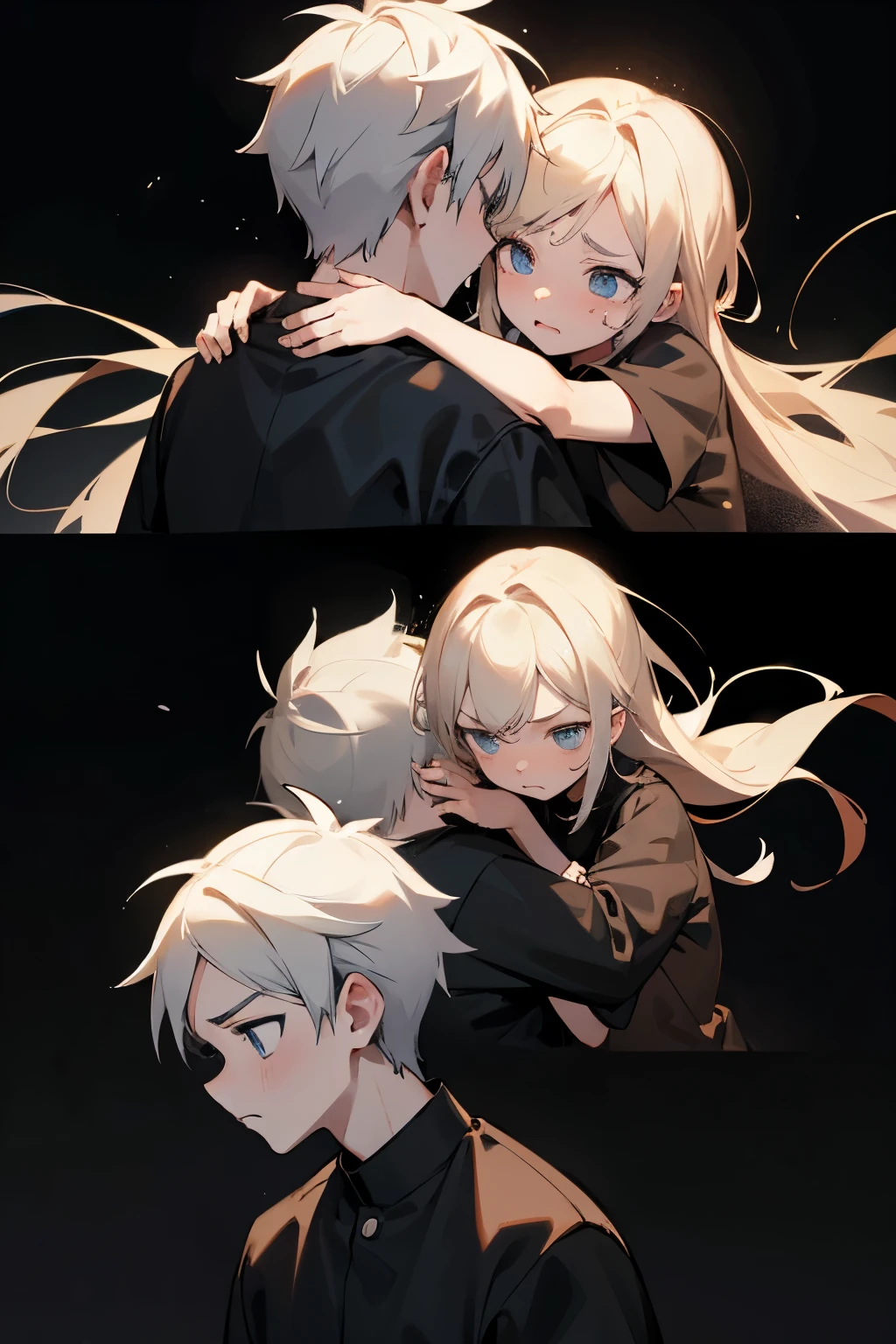 Create an image of a boy and girl with sad faces suffering from violence, animated design, black background