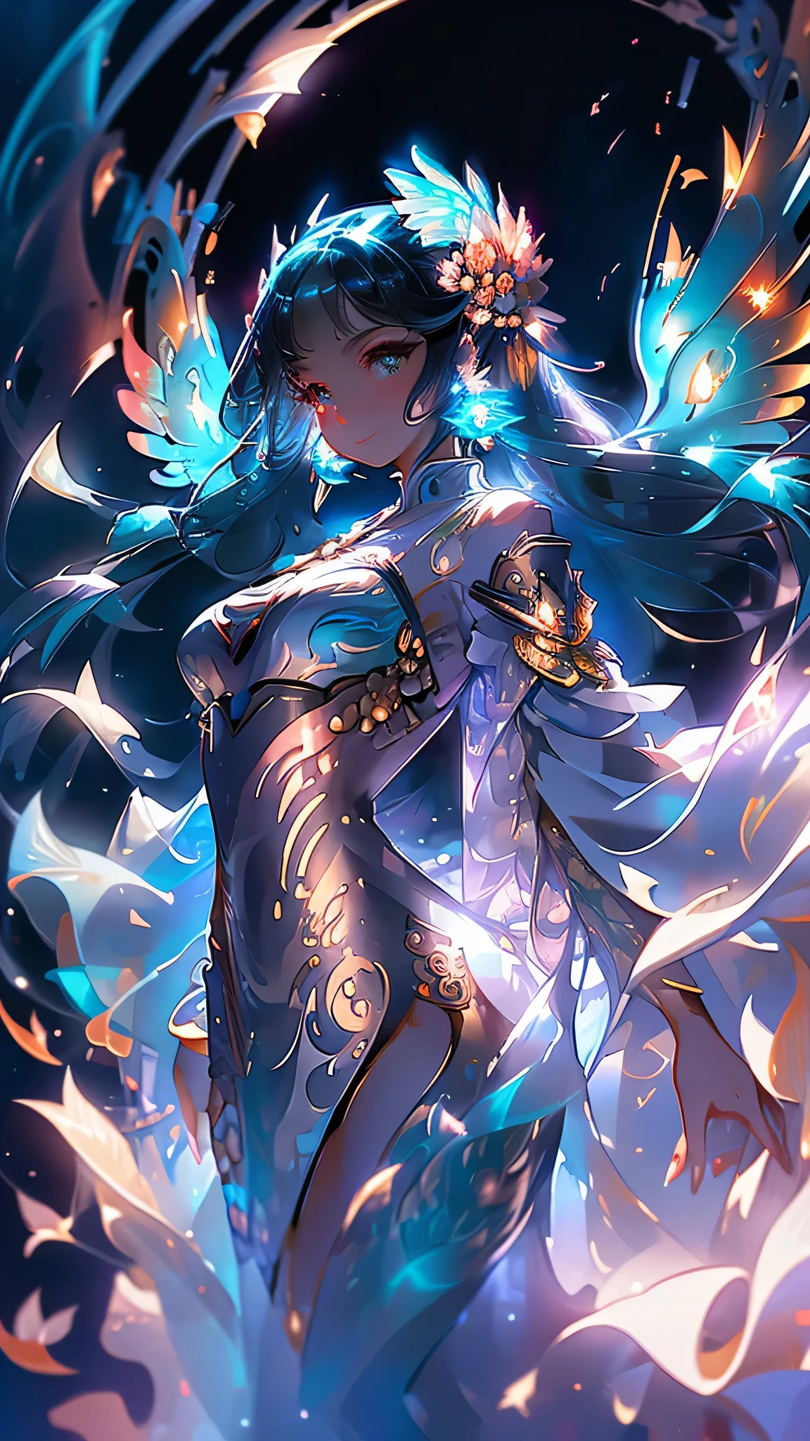 4K 16:9 Image: A breathtaking portrait of a radiant 18-year-old beauty, clad in a mesmerizing sapphire kimono that shimmers like a star-filled night. Her golden hair, flowing like liquid sunshine, cascades down her back, while her captivating, tall figure is accentuated by delicate, luminescent feathered wings that expand gracefully behind her. Her turquoise eyes gleam with youthful vigor, casting a warm, inviting smile. The enchanting setting is a fantastical twilight sky, adorned with a slender crescent moon that bathes the scene in