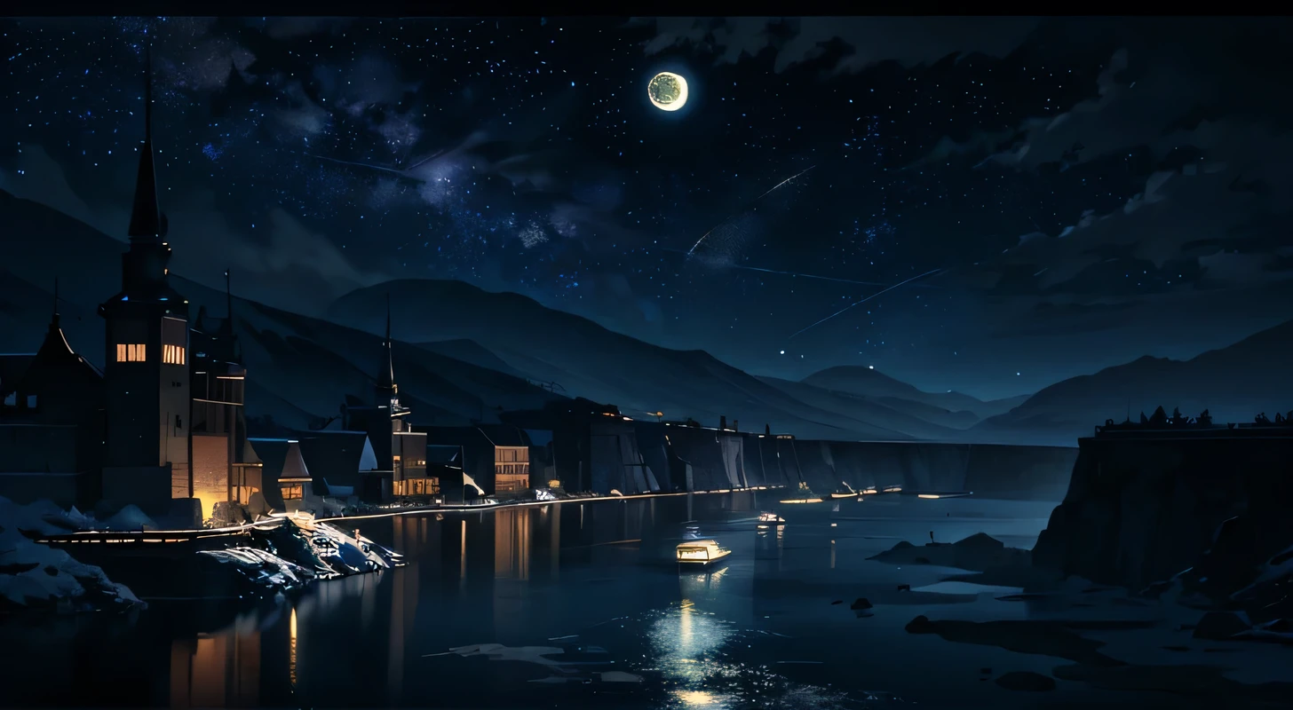 Painting of a river with stars and moon floating in the sky, Concept art inspired by Mitsuoki Tosa, pixiv Contest Winner, highest quality, Fantasy art, Beautiful anime scene, Bright Moon, Moonlight and Starry Sky Environment, Dream painting, Anime Background Art, Fantasy Landscape Painting, Fantasy Night, Anime Background, Background artwork, Amazing art, Atmospheric anime, Starry Sky, Detail enhancements.