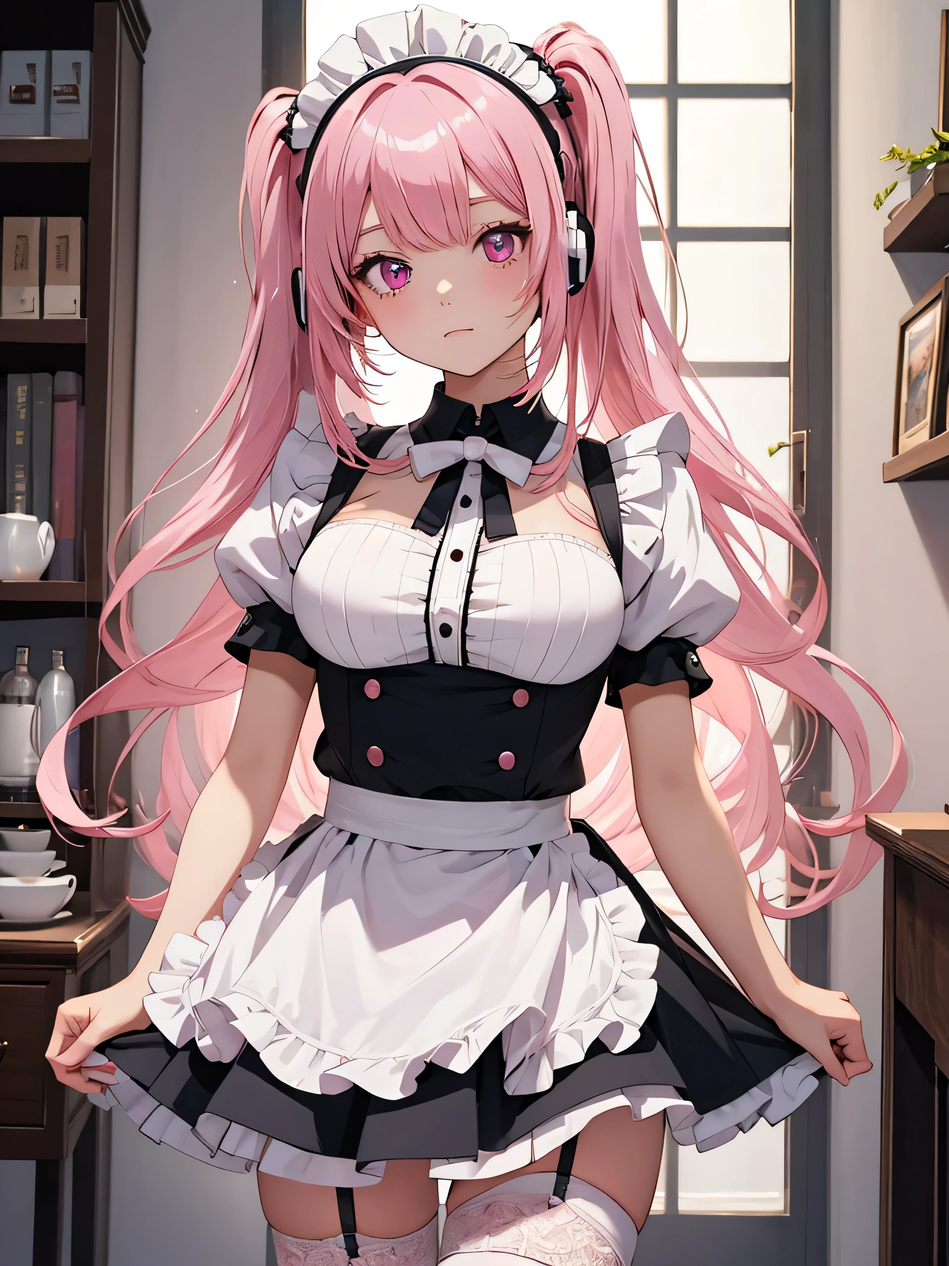 masterpiece, best quality, extremely detailed, anime,girl,longhair,mini ,pink hair,fantasy,colorful,clear ,bigbust,uniform,mini skirt,short sleeve,maid,puff sleeve,pink eyes,cafeal,garter belt,earphone