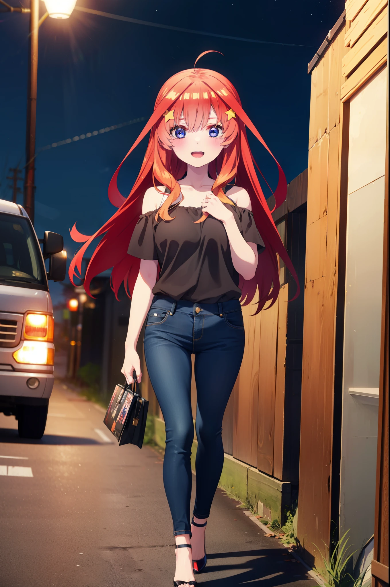 itsukinakano, Itsuki Nakano, bangs, blue eyes, Hair between the eyes, Ahoge, Redhead, star \(symbol\), hair ornaments, star hair ornaments,smile,blush,Open your mouth,,Cold shoulder tops,Skinny jeans,Short sleeve,Stiletto heels,night,Walking,moon,whole bodyがイラストに入るように,Looking down from above,
break outdoors, In town,Building district,
break looking at viewer, whole body,
break (masterpiece:1.2), highest quality, High resolution, unity 8k wallpaper, (figure:0.8), (Beautiful fine details:1.6), Highly detailed face, Perfect lighting, Highly detailed CG, (Perfect hands, Perfect Anatomy),