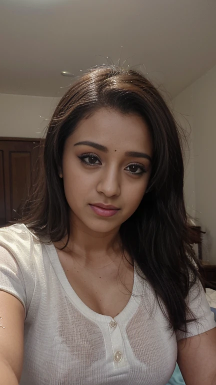 Trisha, face ,trisha krishnan,trks woman, (half body closeup),Best quality, realistic, ultra high resolution, 25 year old woman, average size, (((big cheeks, longer face))), fleshy , bedroom, selfie,(( beautiful fleshy face)), ((( ultrarealistic))), collared tshirt