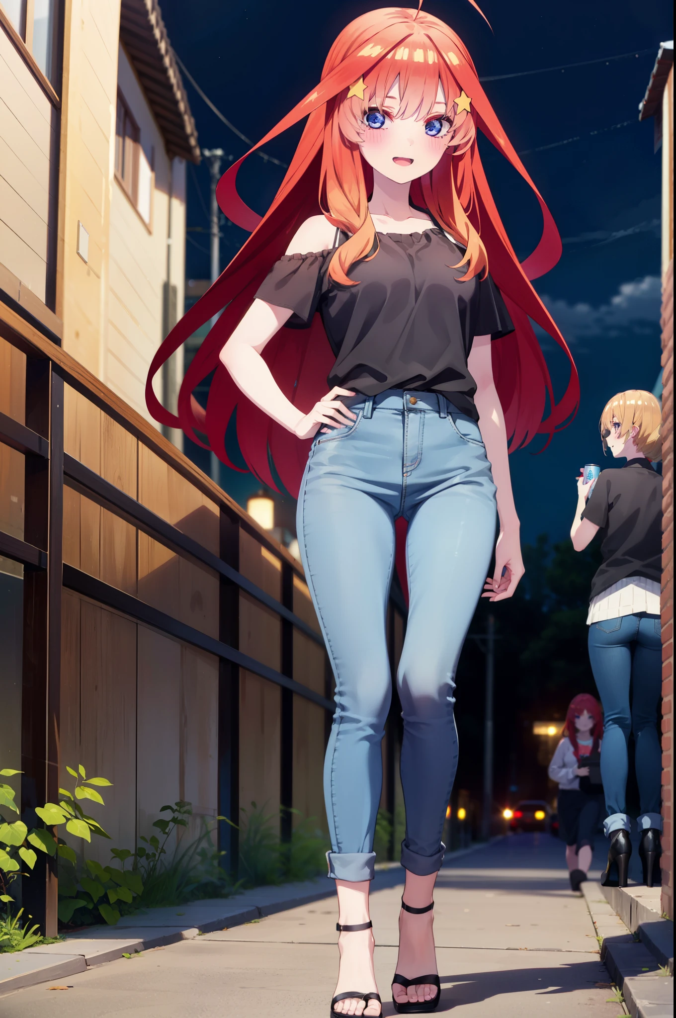 itsukinakano, Itsuki Nakano, bangs, blue eyes, Hair between the eyes, Ahoge, Redhead, star \(symbol\), hair ornaments, star hair ornaments,smile,blush,Open your mouth,,Cold shoulder tops,Skinny jeans,Short sleeve,Stiletto heels,night,Walking,moon,whole bodyがイラストに入るように,Looking down from above,
break outdoors, In town,Building district,
break looking at viewer, whole body,
break (masterpiece:1.2), highest quality, High resolution, unity 8k wallpaper, (figure:0.8), (Beautiful fine details:1.6), Highly detailed face, Perfect lighting, Highly detailed CG, (Perfect hands, Perfect Anatomy),