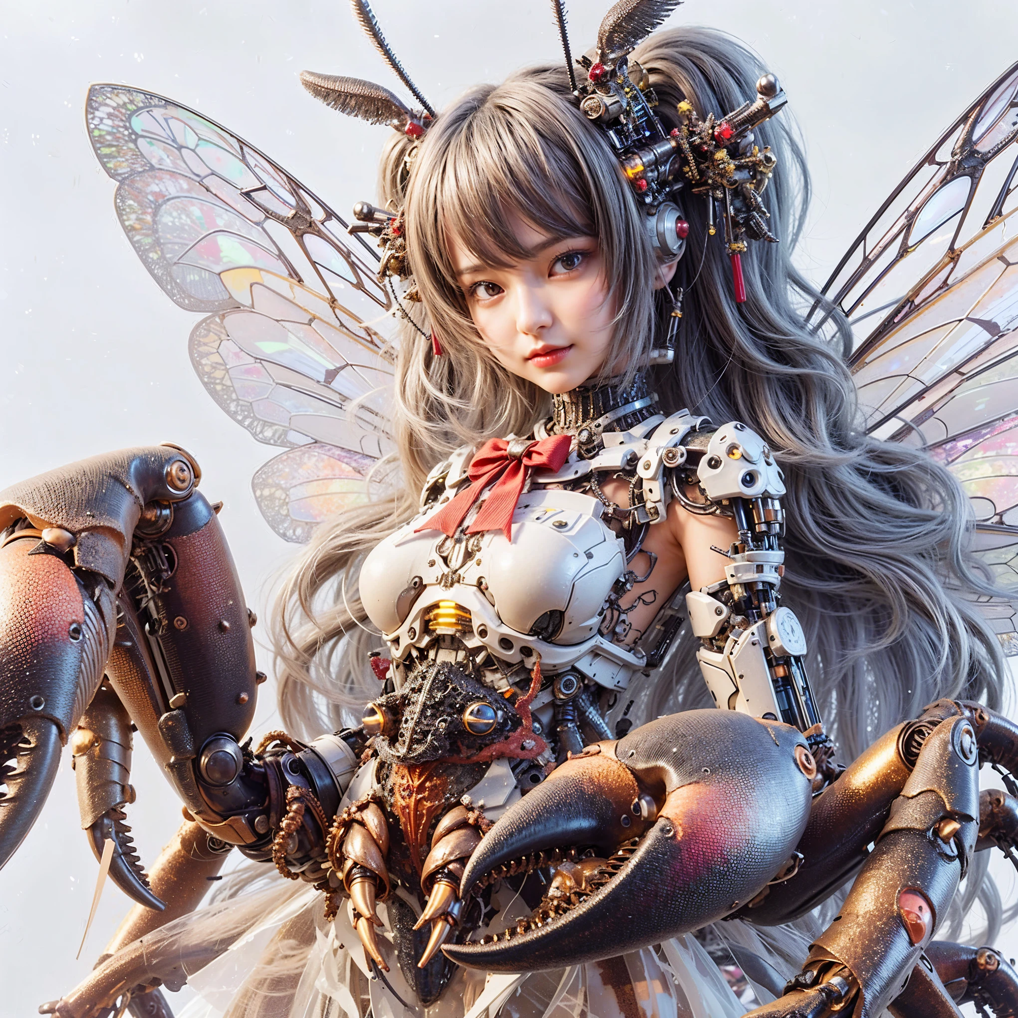 (top-quality:1.2, masterpiece), ultra high res,ultimately surrealism, (Photorealsitic:1.4), (stag beetle-like (mechanical:1.4) (armor:1.1)),mechanical large wings, red porcelain body、mechanical legs, gray hair、glowy skin、1 Cyborg girl、(mechanical frame:1.3), japanese, extremely real face, ((super realistic details)), full body shot, globalillumination, octan render, ultrasharp, character edge light, Details of complex ornaments, Acrylic Clear Cover, Hydraulic cylinder