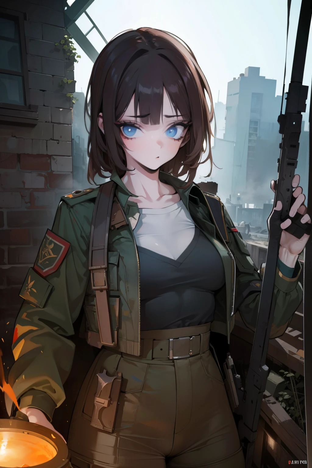 1woman, age 23, military uniform, destroyed abandoned building, overgrown ruins, war-torn landscape, cinematic lighting, gritty realistic, dramatic pose, high detail, 8K, (best quality,4k,8k,highres,masterpiece:1.2),ultra-detailed,(realistic,photorealistic,photo-realistic:1.37),HDR,UHD,studio lighting,ultra-fine painting,sharp focus,physically-based rendering,extreme detail description,professional,vivid colors,bokeh,cinematic composition,dramatic mood