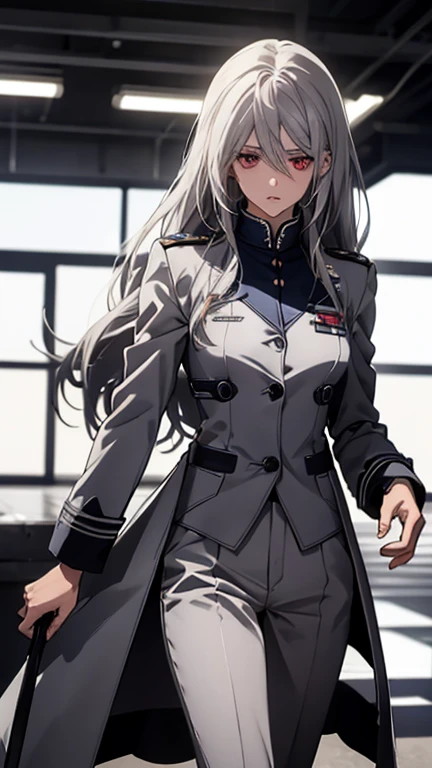 (Confused, High resolution, Very detailed), 1 female, Silver Hair,Red eyes,Long Hair,soft looking hair,Navy and white pilot suit,Long coat,Black trousers,boots,24th generation,beauty,Small breasts,mature,thin,quiet,Calm,Walking down the aisle