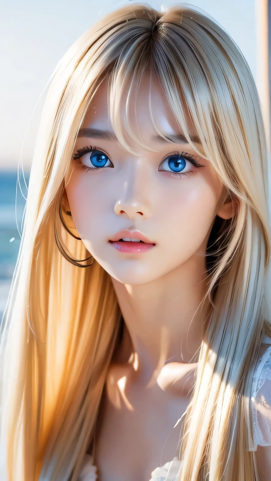 A perfectly beautiful face、Super long messy silky beautiful blonde、Beautiful cute girl 15 years old、Sexy and very beautiful cute face、Beautiful cute sexy bright pale sky blue big eyes、Long beautiful bangs、Very super long beautiful blonde shiny silky hair、Very white skin、Cheek gloss、Glossy Skin、eyeliner、A peerless beauty、Hair above the eyes、片Hair above the eyes、Hair between the eyes、