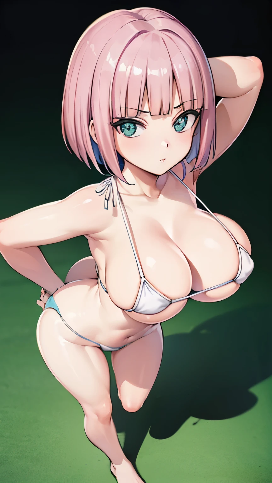 (High reality photograph, high resolusion, 8k, detailed face, detailed eyes:1.35), eines, solo, (full body:1.4), bob cut, (skinny, gaunt:1.4), (toned stomach:1.3), (petite:1.4), BREAK (child:1.4), (:1.4), big head, (pink hair:1.3), (white bikini:1.3), (micro bikini with a very small cloth area:1.4), (only wearing white micro bikini:1.2), BREAK (large breasts:1.4), (cleavage:1.3), (slightly parted breasts), perky breasts, (sideboob), (underboob), rib, collarbone, (baby face), (cute face), (cameltoe:1.2), (narrow waist:1.3), (thin legs:1.3), emerald eyes, (cute and beautiful eyes), (pale skin:1.2), (shiny skin:1.2), (armpit:1.2), open legs, groin, (poolside:1.2), erect nipples, thin legs, full body