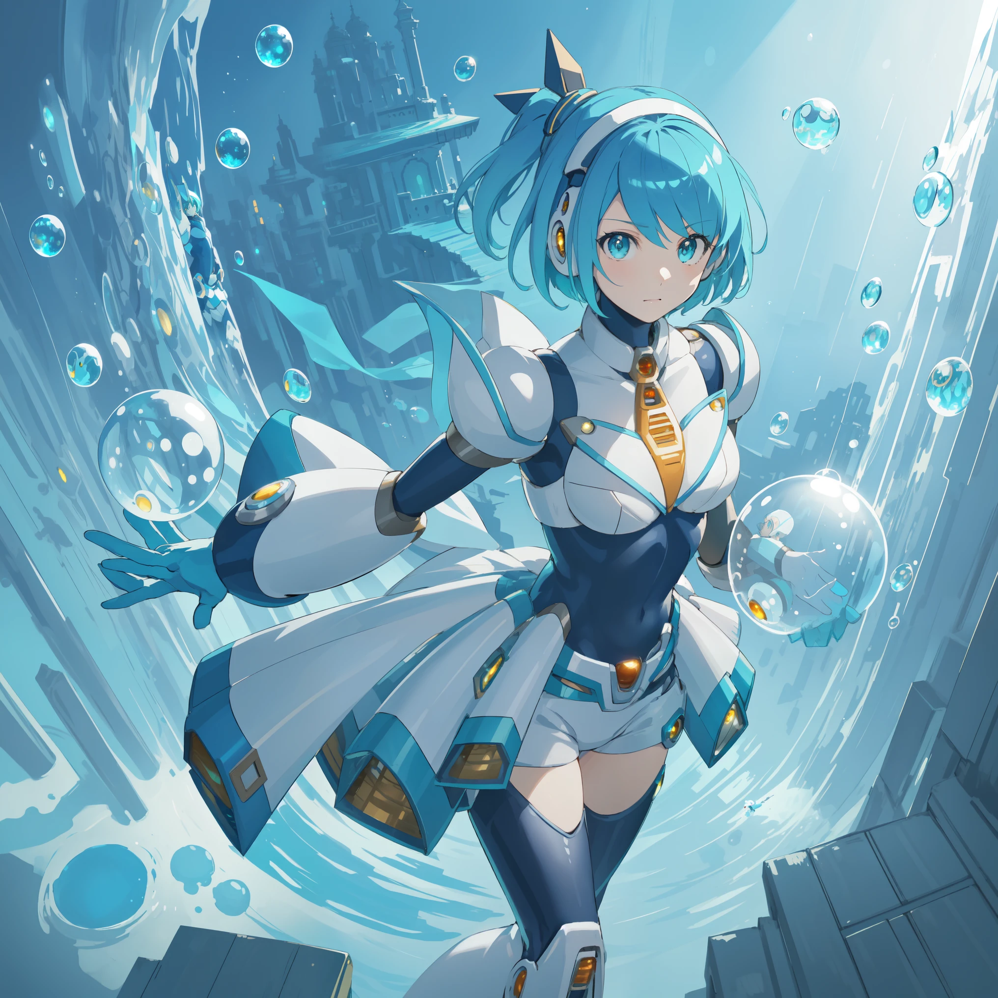 rico_megamanxdive, 1girl, solo, blue eyes, short hair, blue hair, android, high quality, masterpiece, standing in an underwater city with lots of bubbles, in the style of yuumei, intricate architectures, indigo, miniature illumination, daniel f. gerhartz