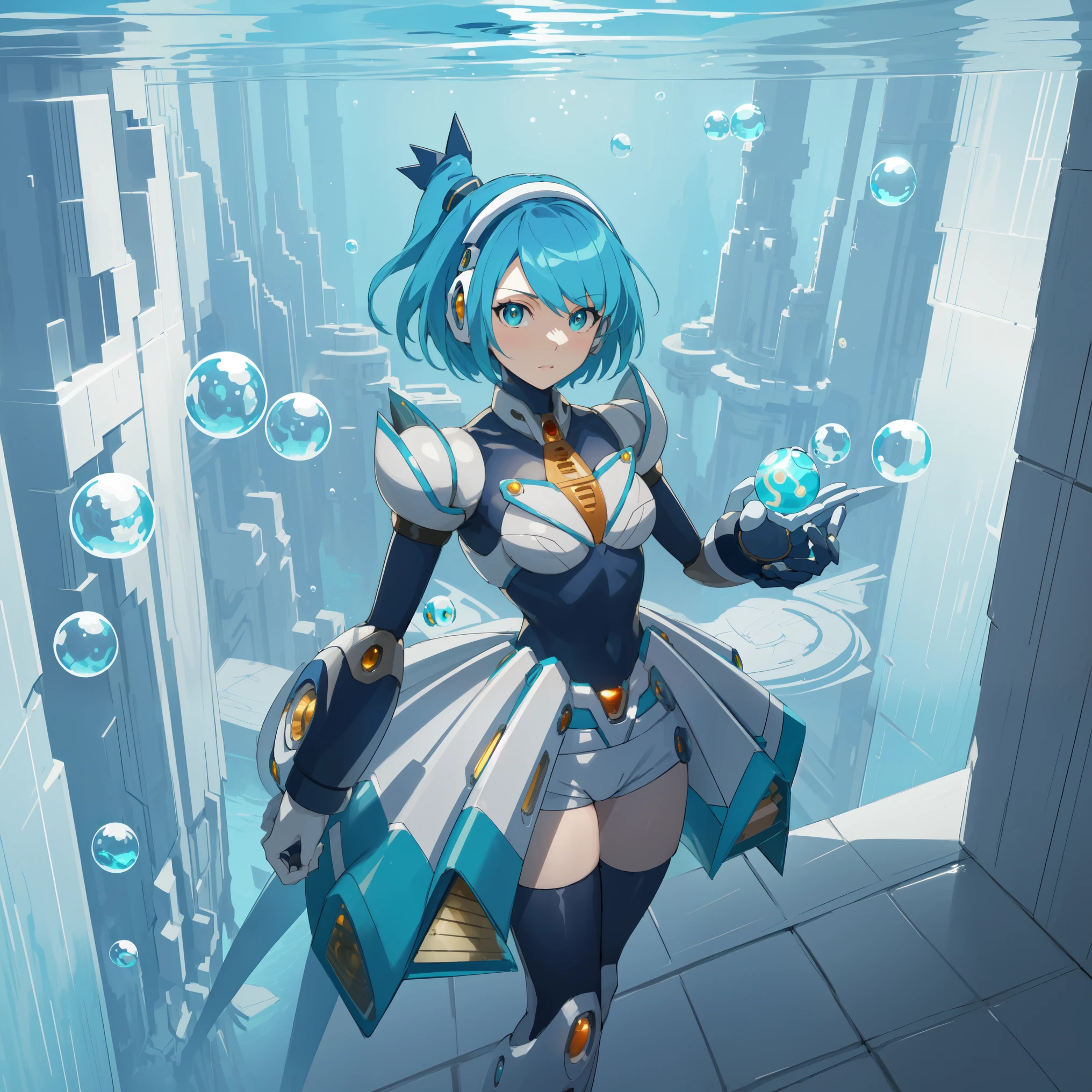 rico_megamanxdive, 1girl, solo, blue eyes, short hair, blue hair, android, high quality, masterpiece, standing in an underwater city with lots of bubbles, in the style of yuumei, intricate architectures, indigo, miniature illumination, daniel f. gerhartz