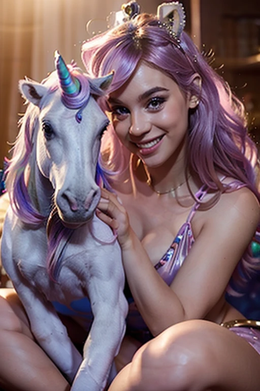 Add to picture next to unicorn ,beautiful smiling girl