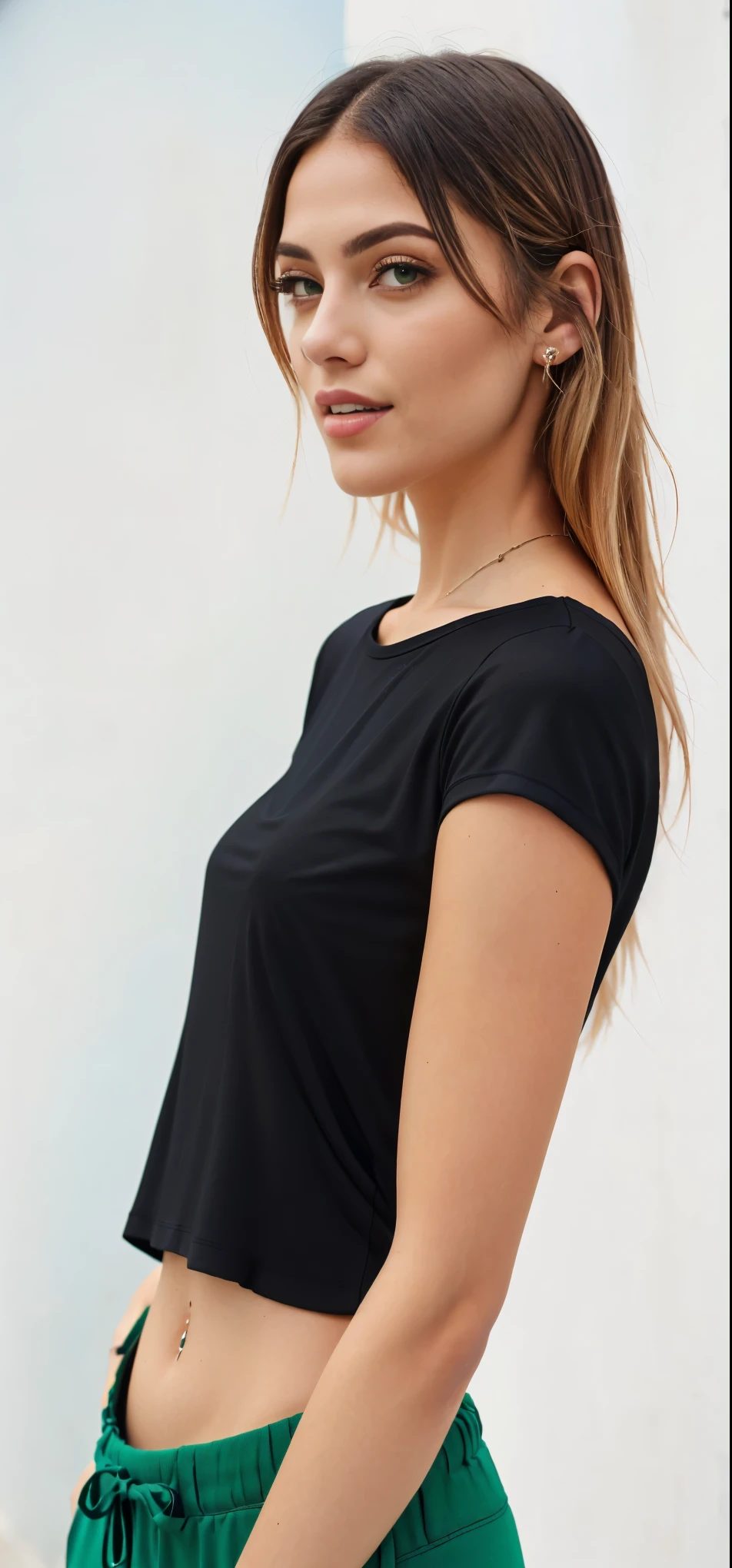 a woman in a black top and green pants, blusa preta, wearing a camiseta preta, vestindo uma camiseta preta, vestindo camiseta preta, camisa apertada, camiseta preta, camiseta preta, camiseta preta, close da parte superior do corpo, regata preta apertada, Vestindo uma camisa preta, black jumpsuit, she is wearing a black blouse