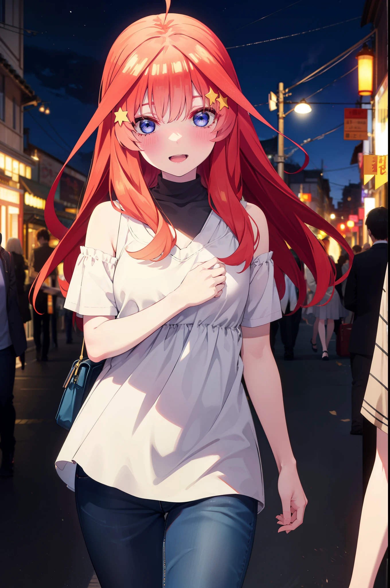 itsukinakano, Itsuki Nakano, bangs, blue eyes, Hair between the eyes, Ahoge, Redhead, star \(symbol\), hair ornaments, star hair ornaments,smile,blush,Open your mouth,,Cold shoulder tops,Skinny jeans,Short sleeve,Stiletto heels,night,Walking,moon,whole bodyがイラストに入るように,Looking down from above,
break outdoors, In town,Building district,
break looking at viewer, whole body,
break (masterpiece:1.2), highest quality, High resolution, unity 8k wallpaper, (figure:0.8), (Beautiful fine details:1.6), Highly detailed face, Perfect lighting, Highly detailed CG, (Perfect hands, Perfect Anatomy),