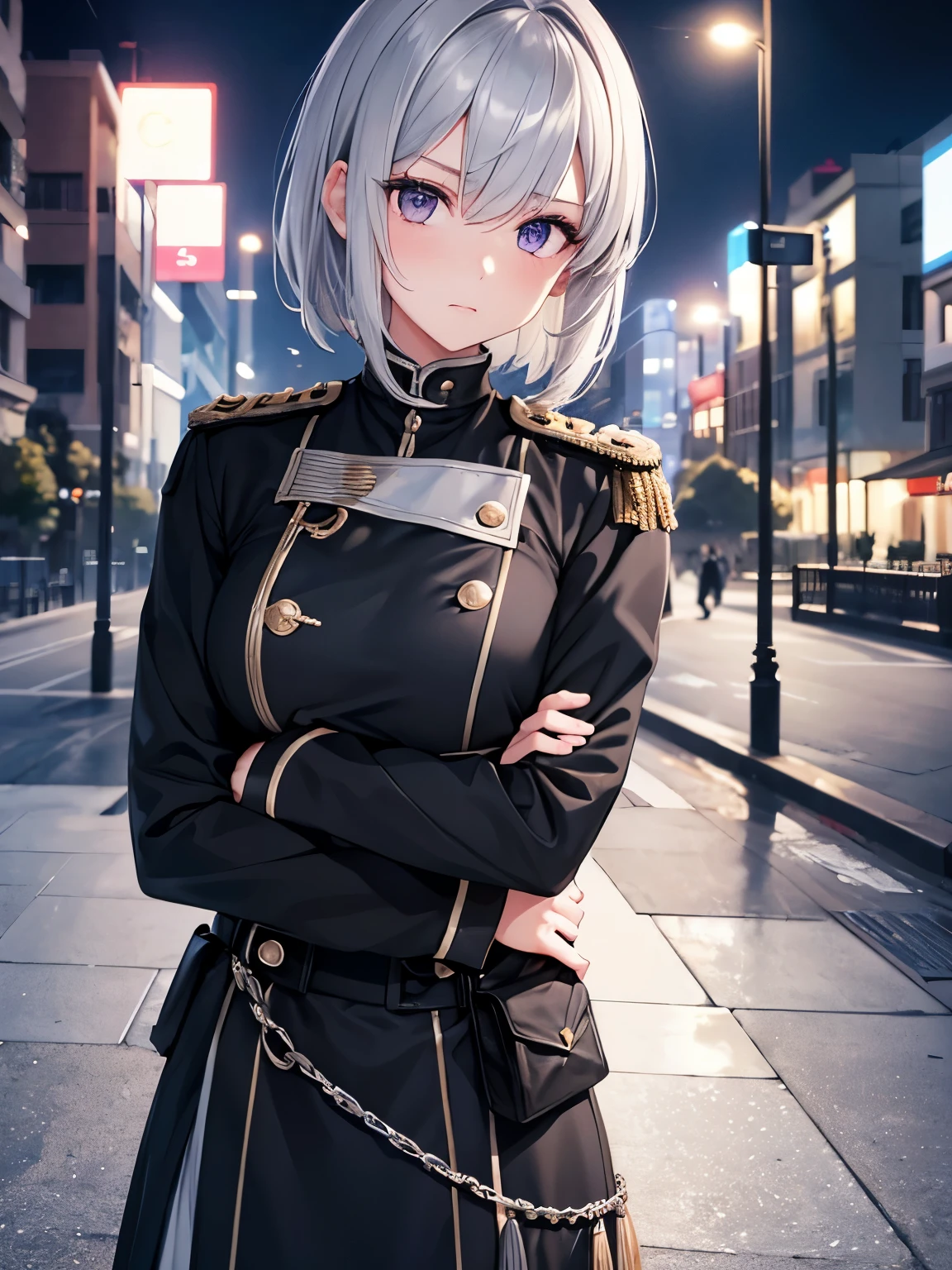 1girl,silver hair,silver eyes,black army uniform Sad expression, hands embracing shoulders,,, short hair, standing in the park, at night, close up photo, Ultra detail, ultra HD, masterpiece