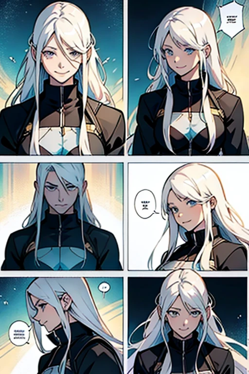 Girl with long white hair smiling, manga page with panels and dialogue 