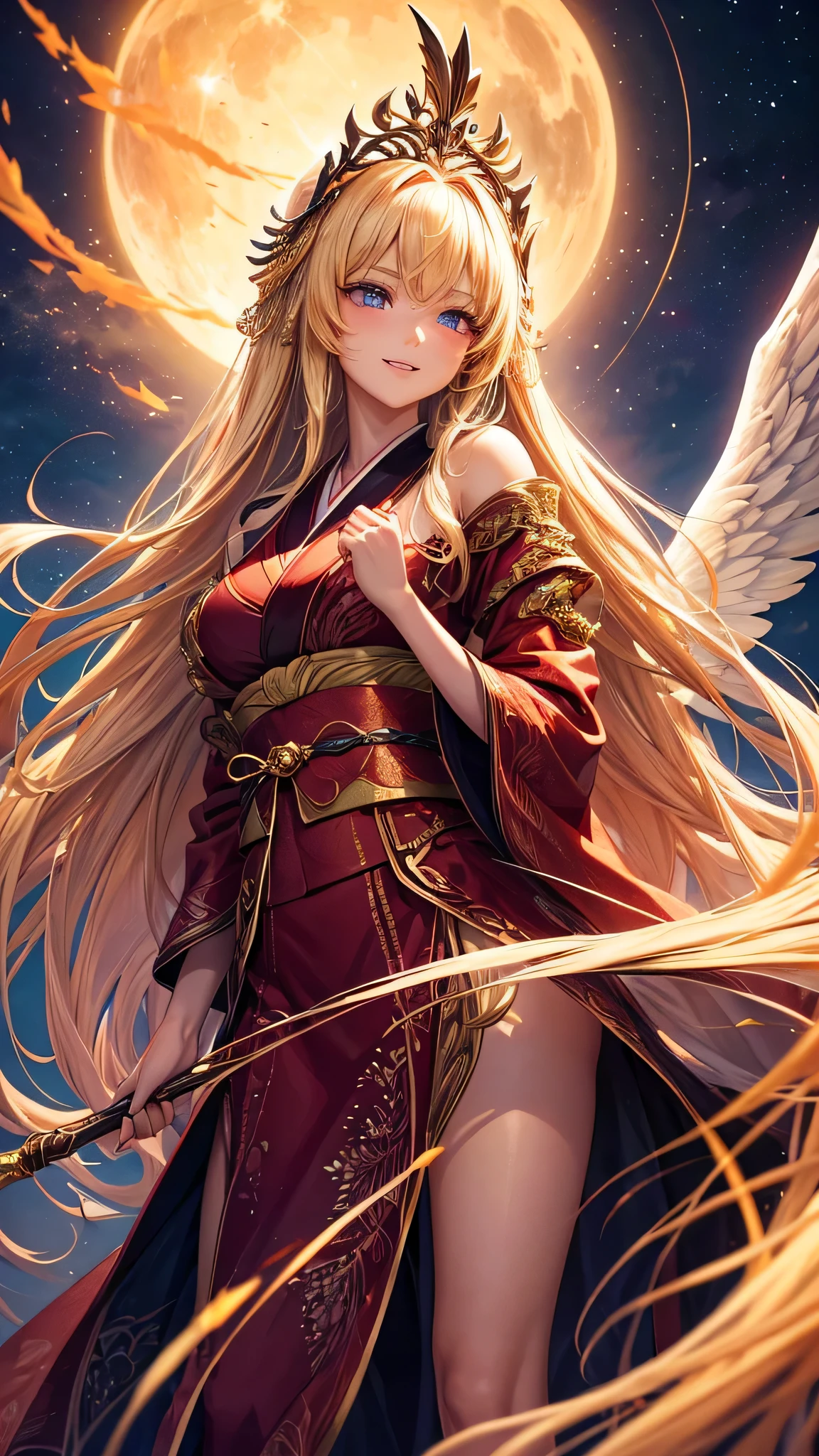 A 18-year-old girl with long, lustrous blonde hair poses against the backdrop of a breathtaking fantasy atmosphere. Her captivating orange eyes gleam with youthful exuberance as she smiles, revealing perfectly white teeth. Towering over her surroundings, she stands tall and regal, adorned with intricately detailed angel wings that sparkle against the night sky.
The beautiful red kimono she wears flows gracefully around her, showcasing the extreme detail and ultra-realistic quality of the artwork. The soft fabric ripples in the wind, creating a mesmerizing effect that adds to the overall enchanting atmosphere of the image.
The night