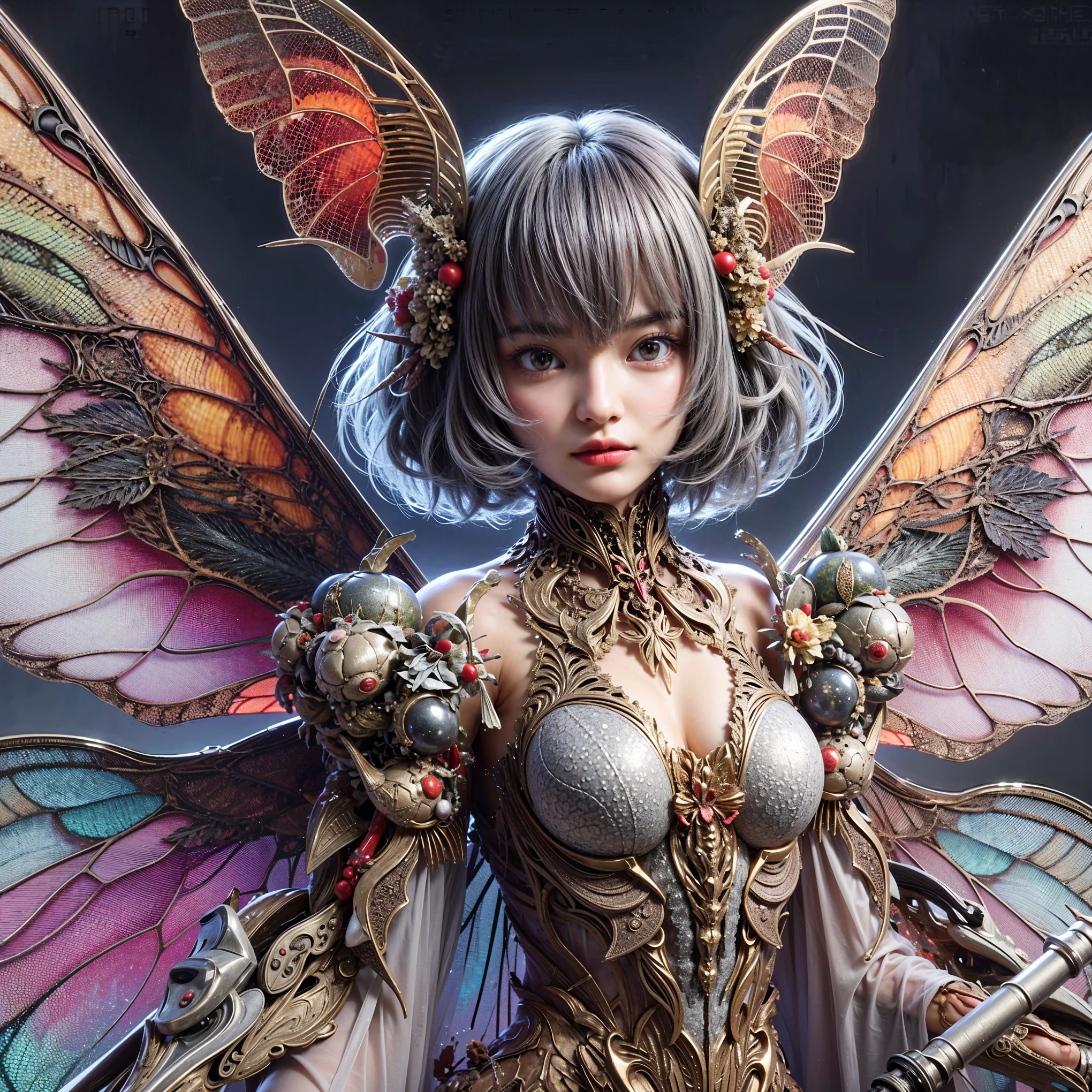(top-quality:1.2, masterpiece), ultra high res,(Photorealsitic:1.4), (crab-like bio insect suit:1.2), heavy weapons,large wings, vivid textures,insect legs, gray  hair, glowy skin, japanese girl beautiful face,  ((super realistic intricate details)), full body shot, globalillumination, octan render, ultrasharp, character edge light, Details of complex ornaments, Acrylic Clear Cover, Hydraulic cylinder