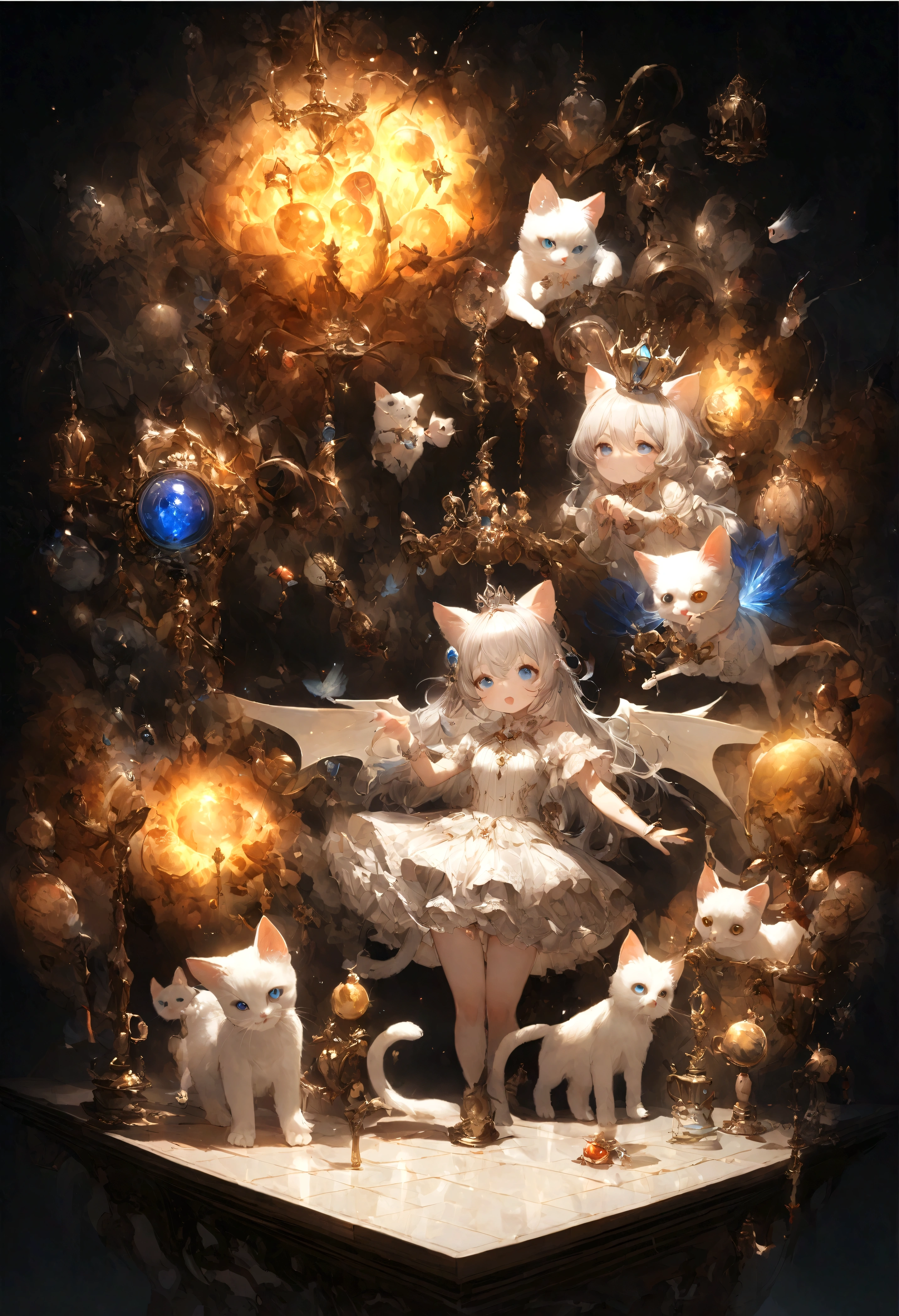 cute、、Young Girl、１２age、Flying、Your eyes are bright and beautiful、whole body、Gray Hair、White cat ears、Cat&#39;s Tail、Beautiful blue eyes、White Crown、白いgem、piano、White Vampire Wings、Rin々Funny face、beautiful、Black Moon、Lots of blue light、universe、Fantasy，Lots of light、gem、magic、AmbiLight，The colors are vivid and bright，Black background，haze，Detailed depiction，Rich details，Explosion of imagination，Surreal，Ultra-realistic，masterpiece，8k，Light，Tyndall effect