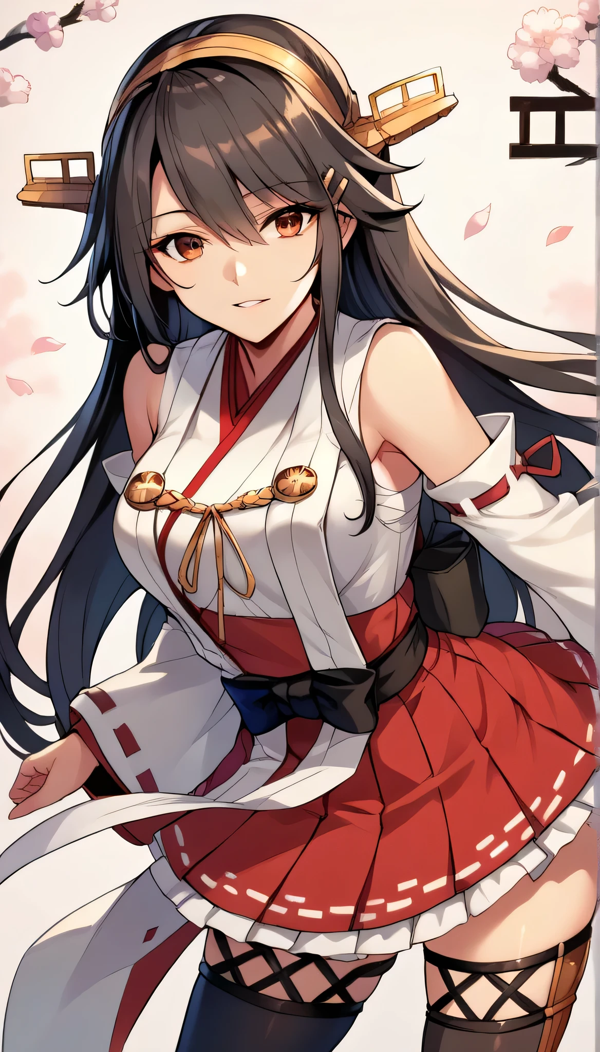 score_9, score_8_up, score_7_up, source_anime, game cg, harunakainiKC, long hair, skirt, hair ornament,thighhighs, hairband, detached sleeves, japanese clothes, hairclip, red skirt, headgear, ribbon trim, nontraditional miko, ribbon-trimmed,smile,parted lips,