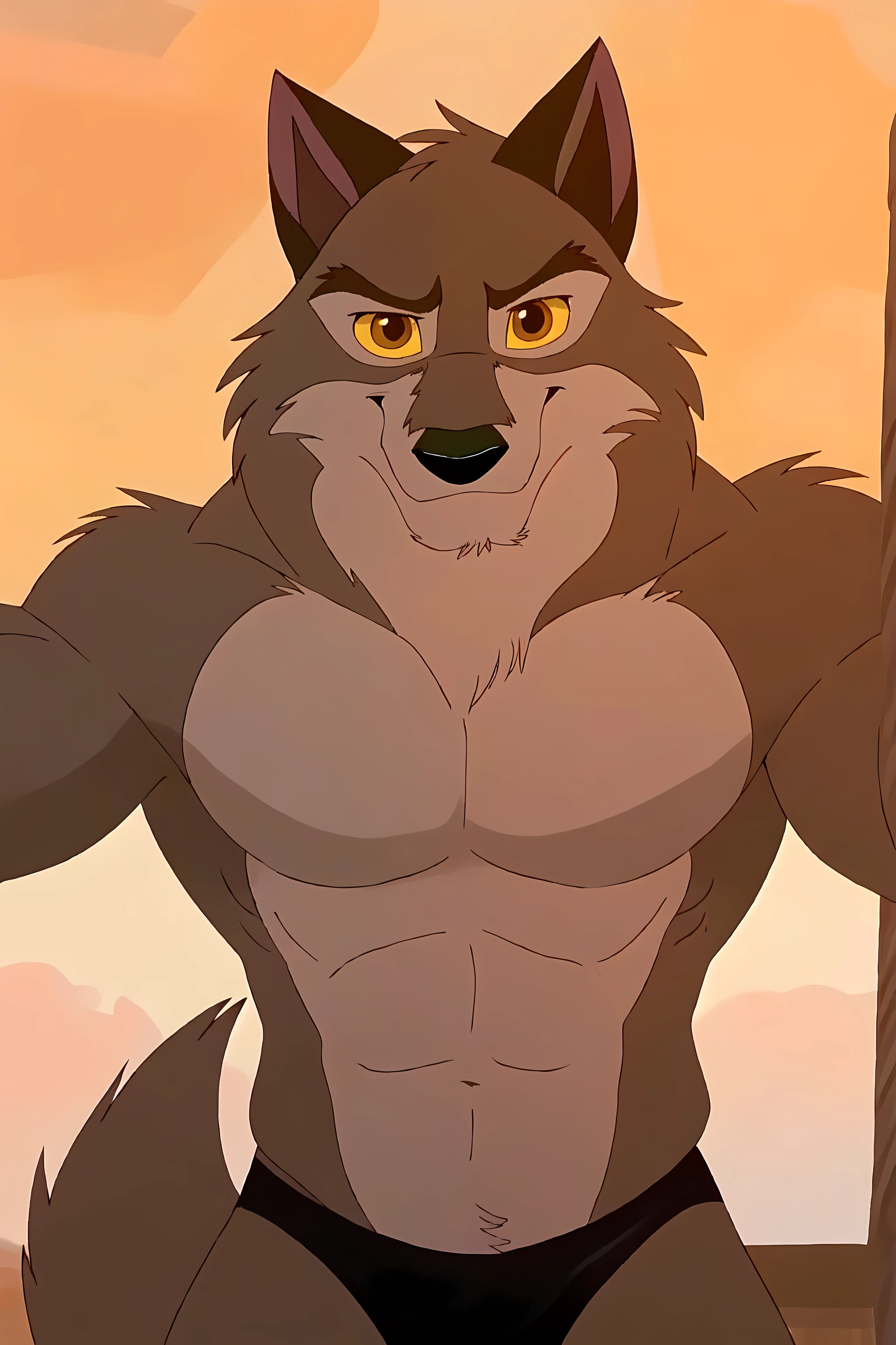 balto, detailed, detailed face, detailed eyes, anthro body, black lineart, black outline, male, masculine, muscular body, pectorals, adult, negger muscle anatomy, wolf, wolf body, brown iris, yellow sclera, cartoon shading, cel shaded:1.0, confident, proud, smile, white background, front view:1.1, balto feet, legs, legs spread, black speedos, full body:1.2, wolf tail