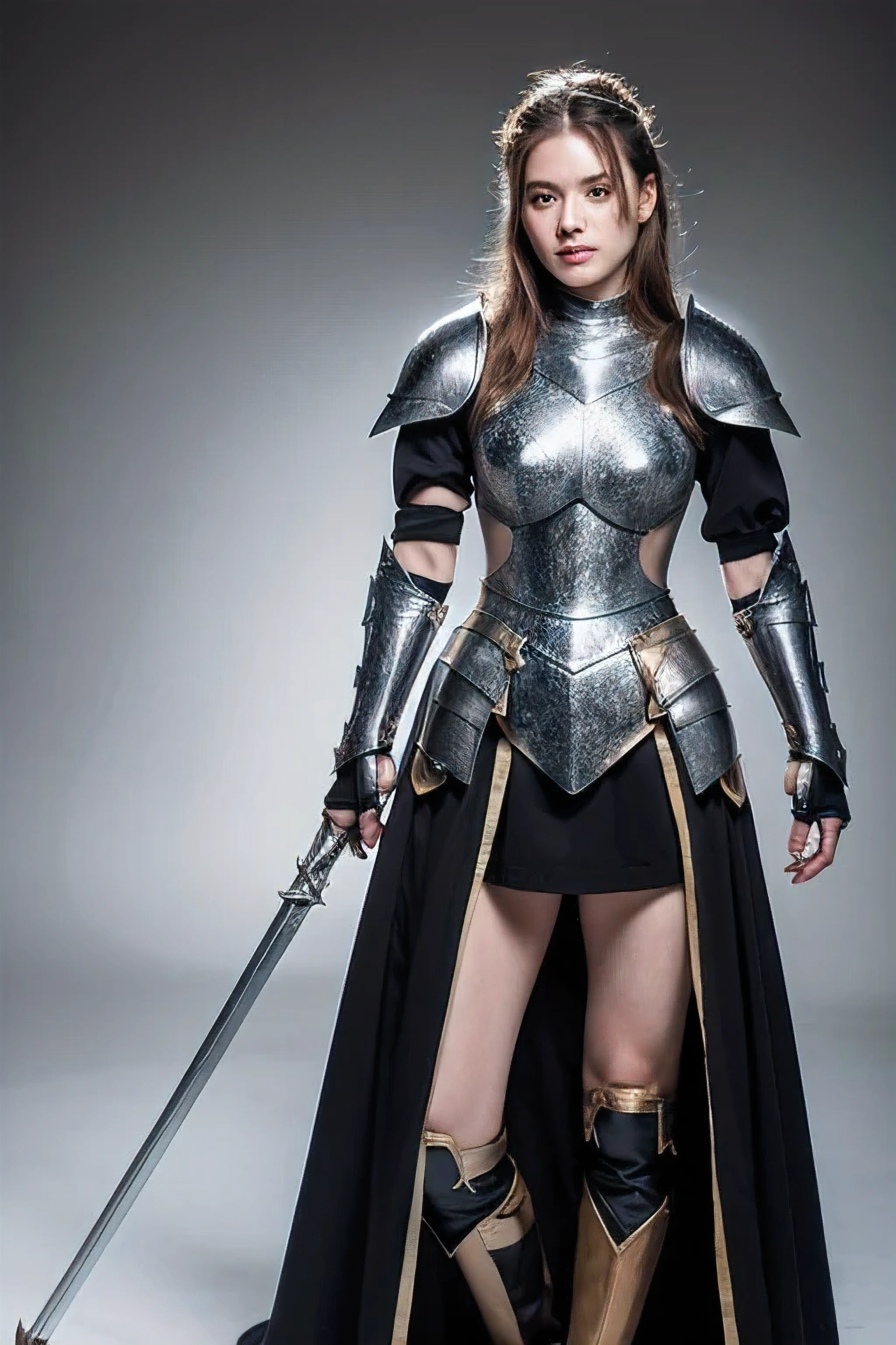 ((best quality)), ((masterpiece)), (detailed), perfect fac,   female knight queen, wear armor shut, full body,  perfect hands and face,  full detailed,  8k , ultra realistic. 