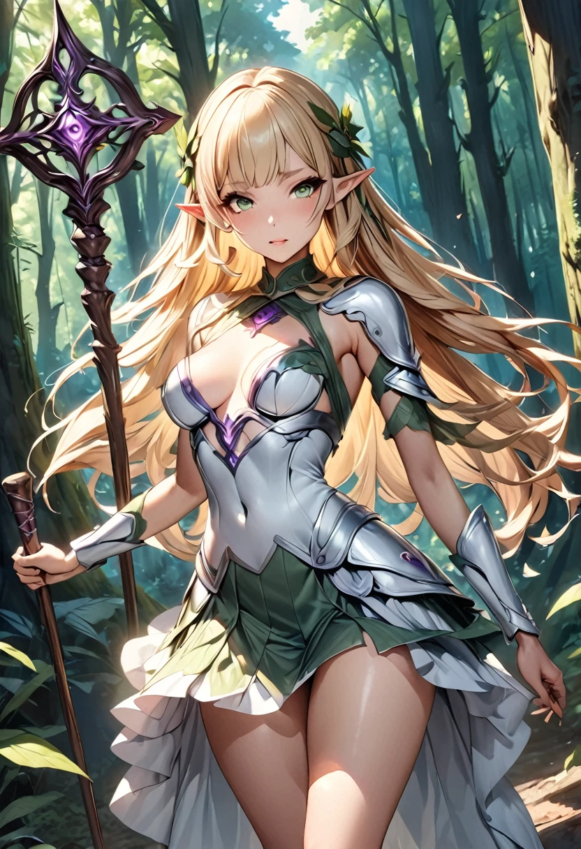 (Perfect Anatomy)、Mastepiece、Ultra High Quality、 8K、Photorealistic、masterpiece、highest quality、Ultra-high resolution、Maximum resolution、Very detailed、Professional Lighting、anime、Adult female、thin、so beautiful、Elf、Blonde、White Armor Dress、Green pattern、High leg、mini skirt、Equipped with a gorgeous walking stick、staff、in the forest