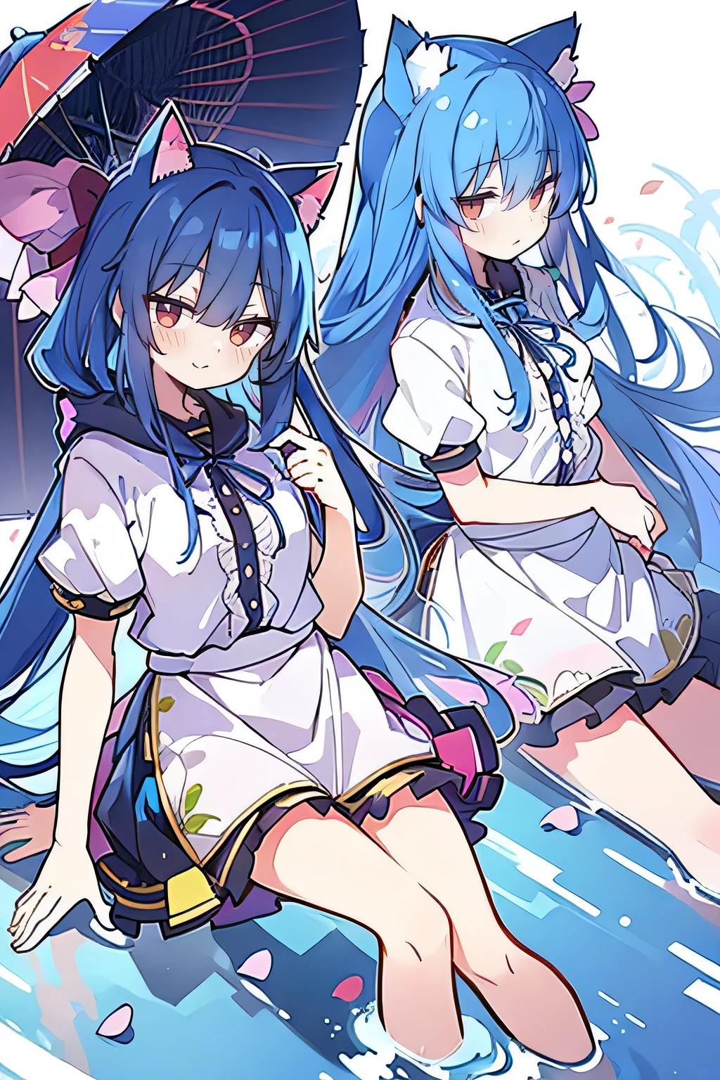（masterpiece：1.2），Super detailed，lifelike，Expressive eyes，fair skin，perfect face shape，1 girl，
Japanese comics,Gorgeous blue hair,flowing blue hair,flowing clothes,Cat ears,Petals fall,beautiful lola,Baby Angel,
Shaking head with one hand，Cross your legs，Gentle and peaceful background，The pavilion is cool and comfortable,smile, wearing hoodie, background of tokyo,back views,snowing, winter,lie on the water.